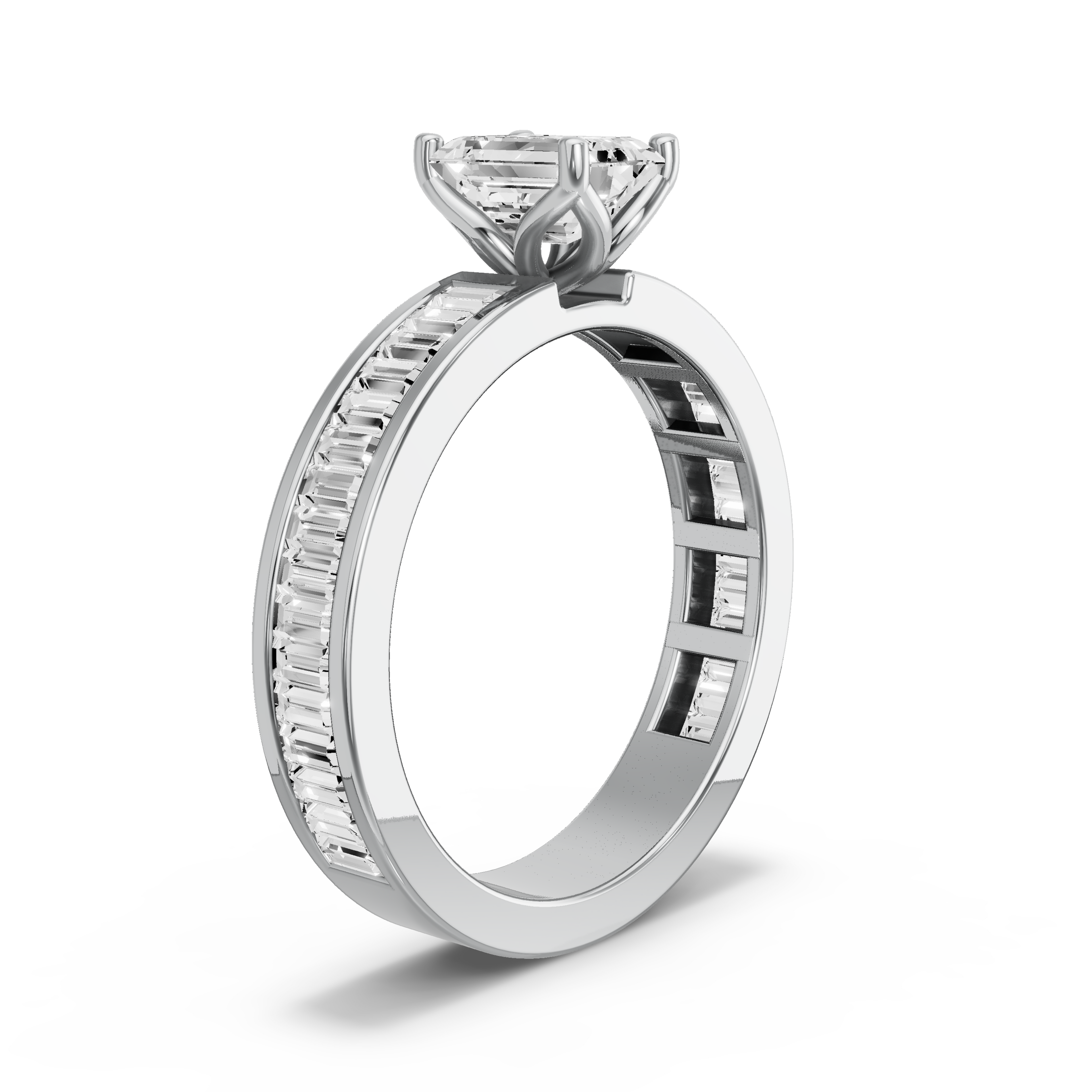 Image for Emerald Tulip Basket Ring with Baguette Channel band in 14K White Gold