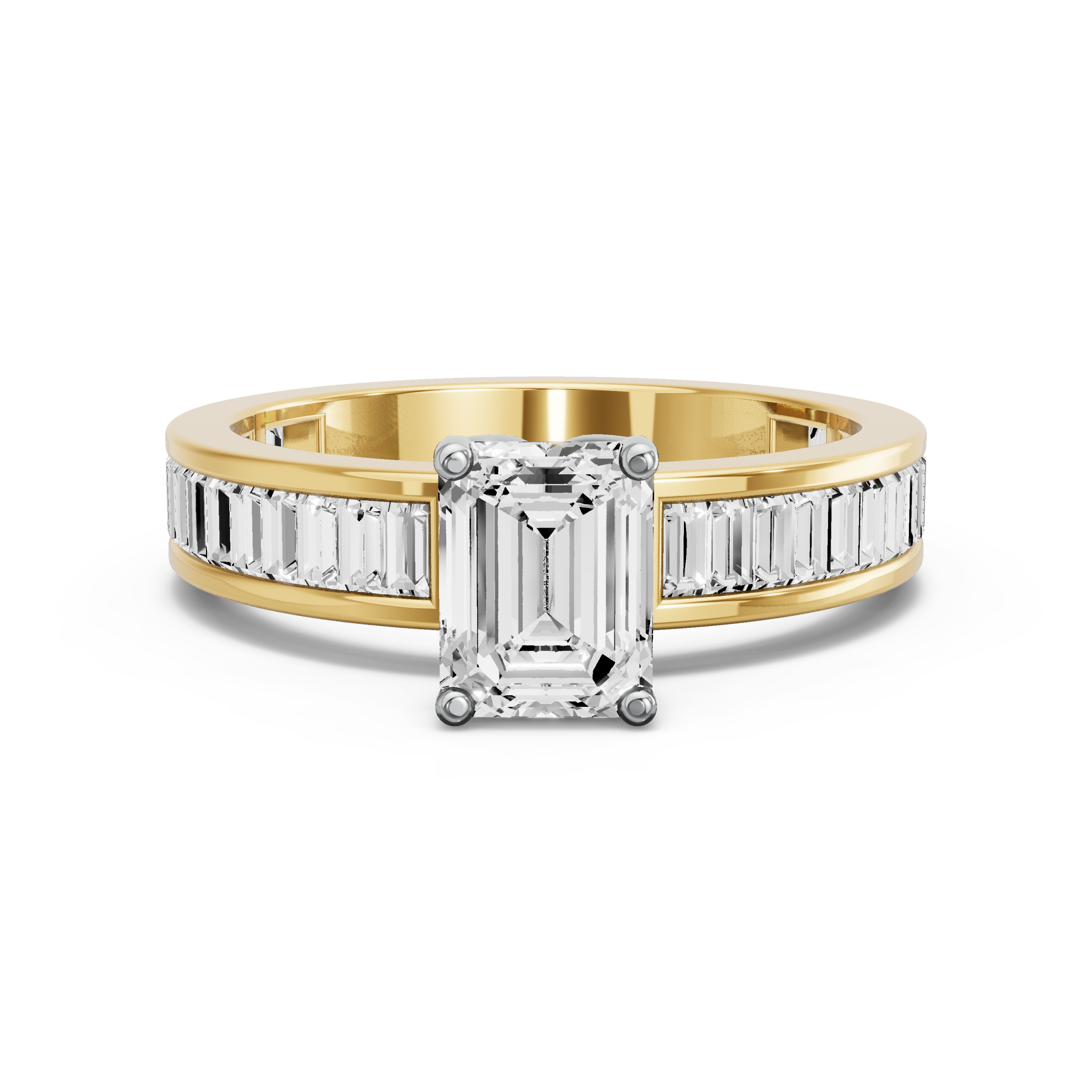 Image for Emerald Tulip Basket Ring with Baguette Channel band in 14K Two Tone Yellow Gold