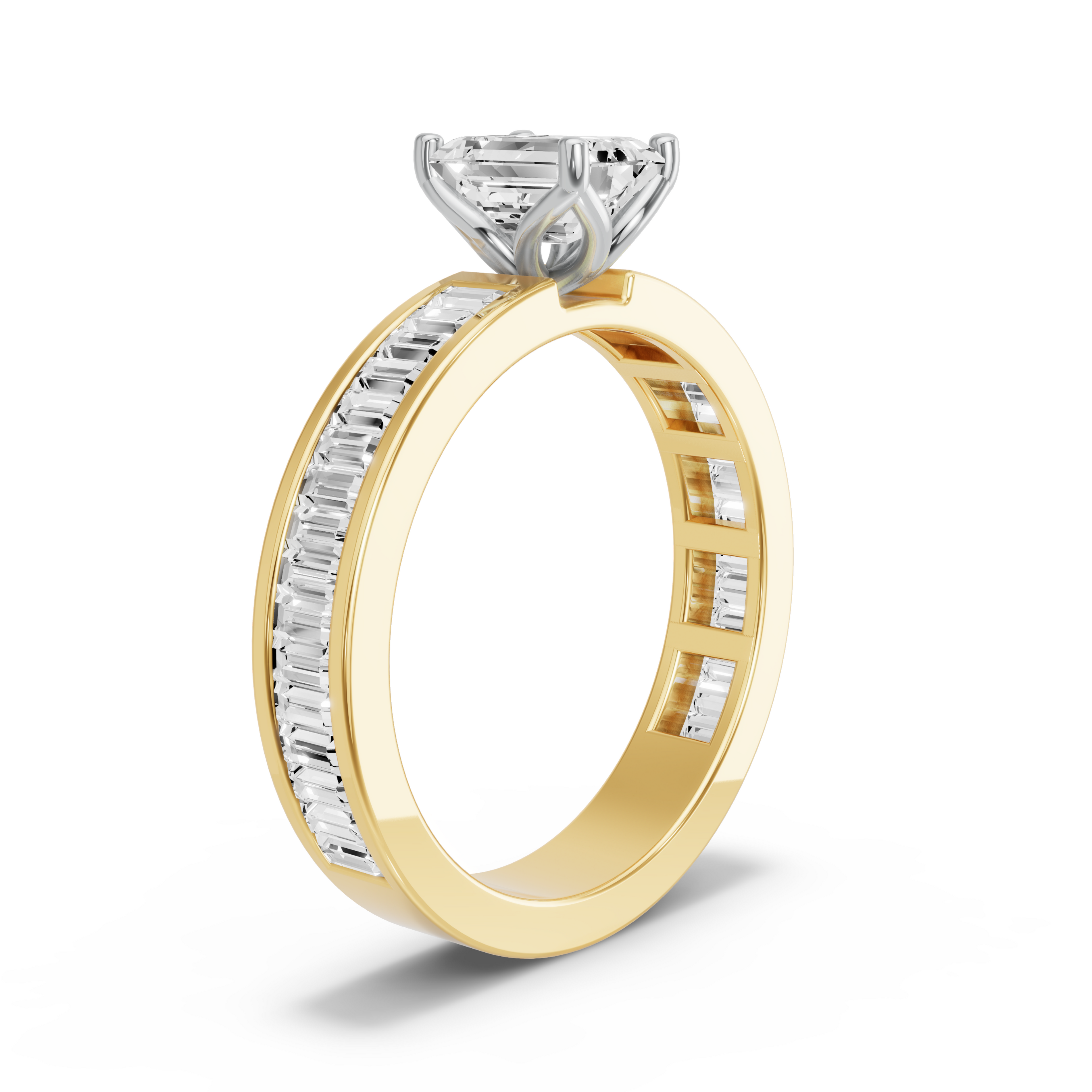 Image for Emerald Tulip Basket Ring with Baguette Channel band in 18K Two Tone Yellow Gold