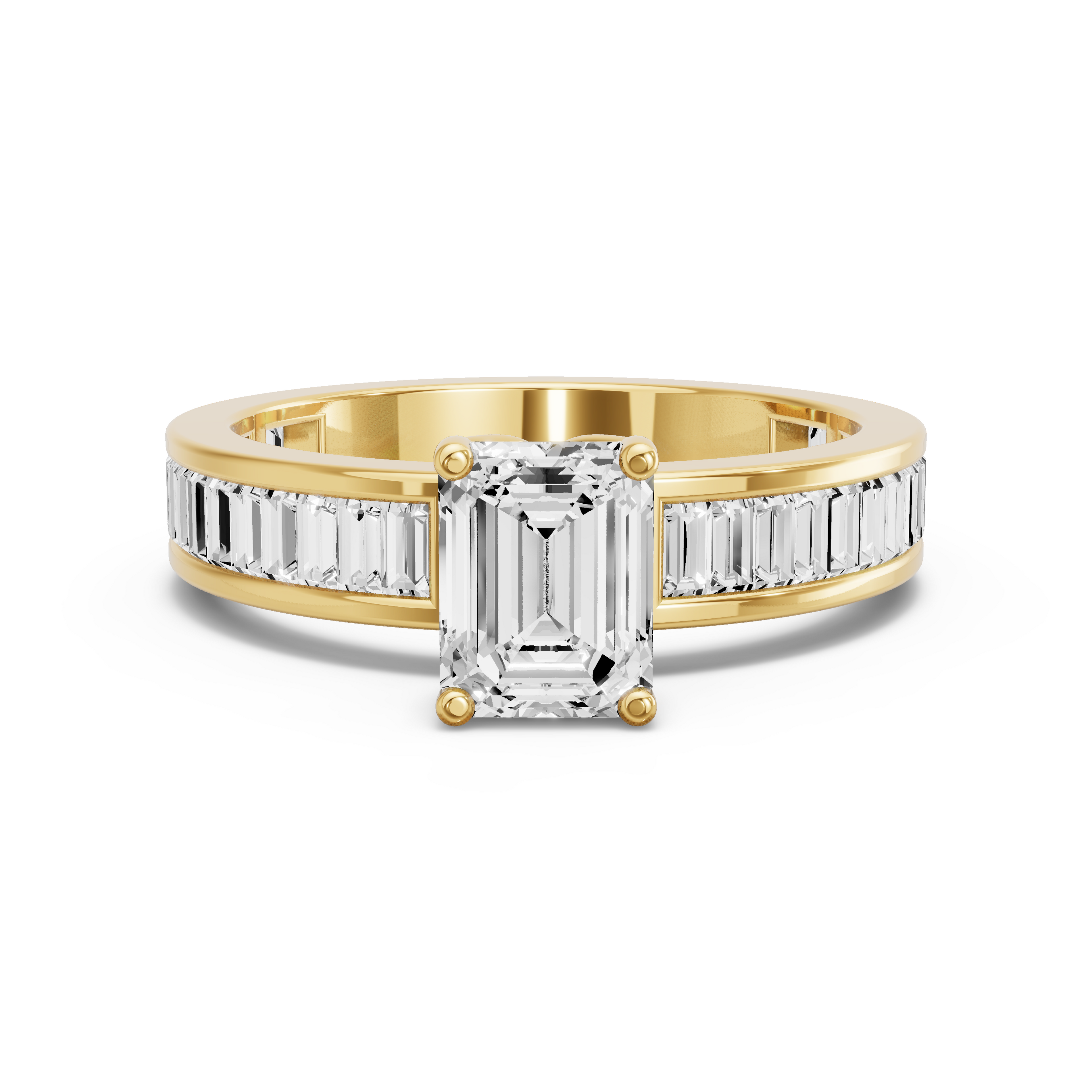 Image for Emerald Tulip Basket Ring with Baguette Channel band in 14K Yellow Gold