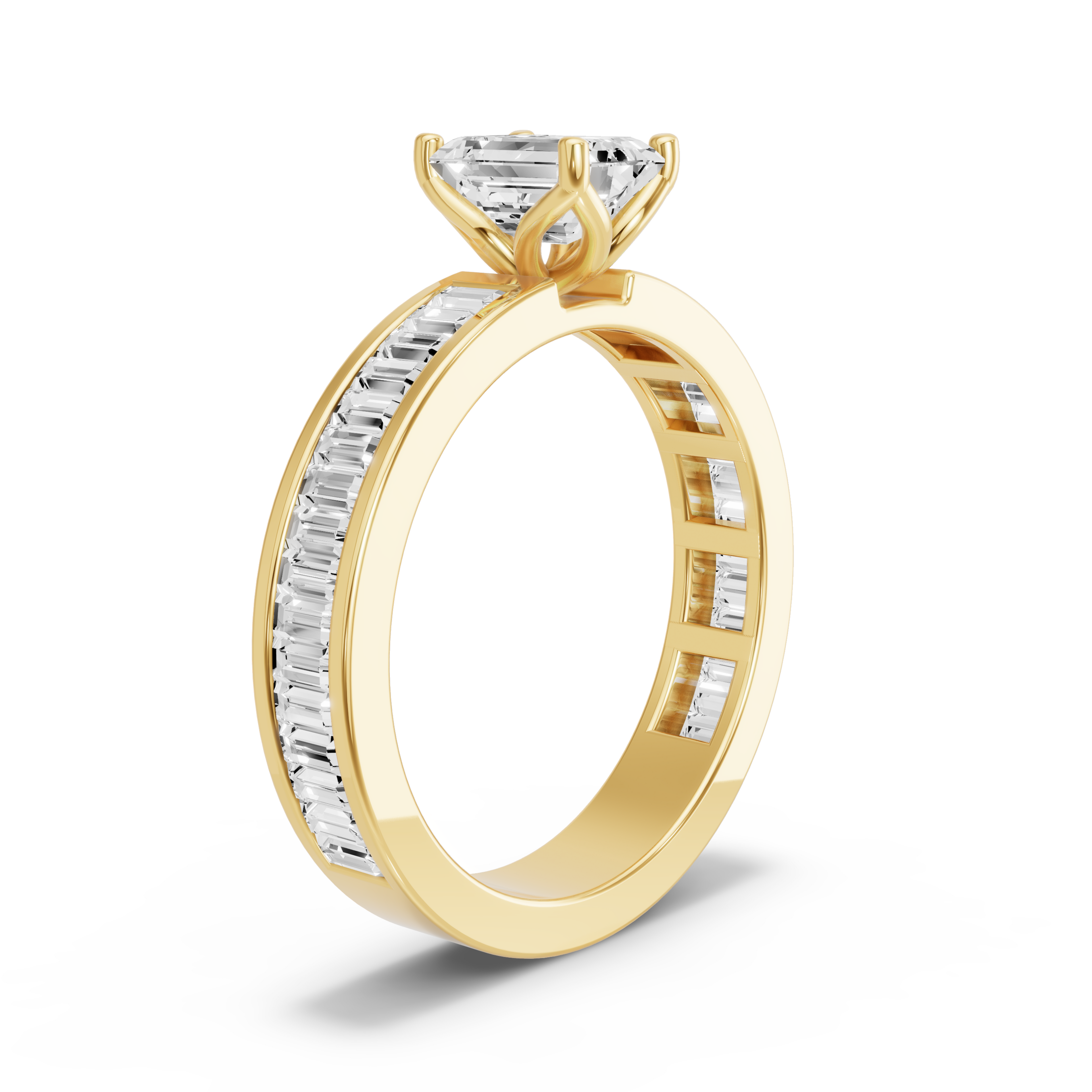 Image for Emerald Tulip Basket Ring with Baguette Channel band in 14K Yellow Gold
