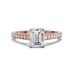 Image for Emerald Tulip Basket Ring with Cathedral Pave band in 18K Two Tone Rose Gold