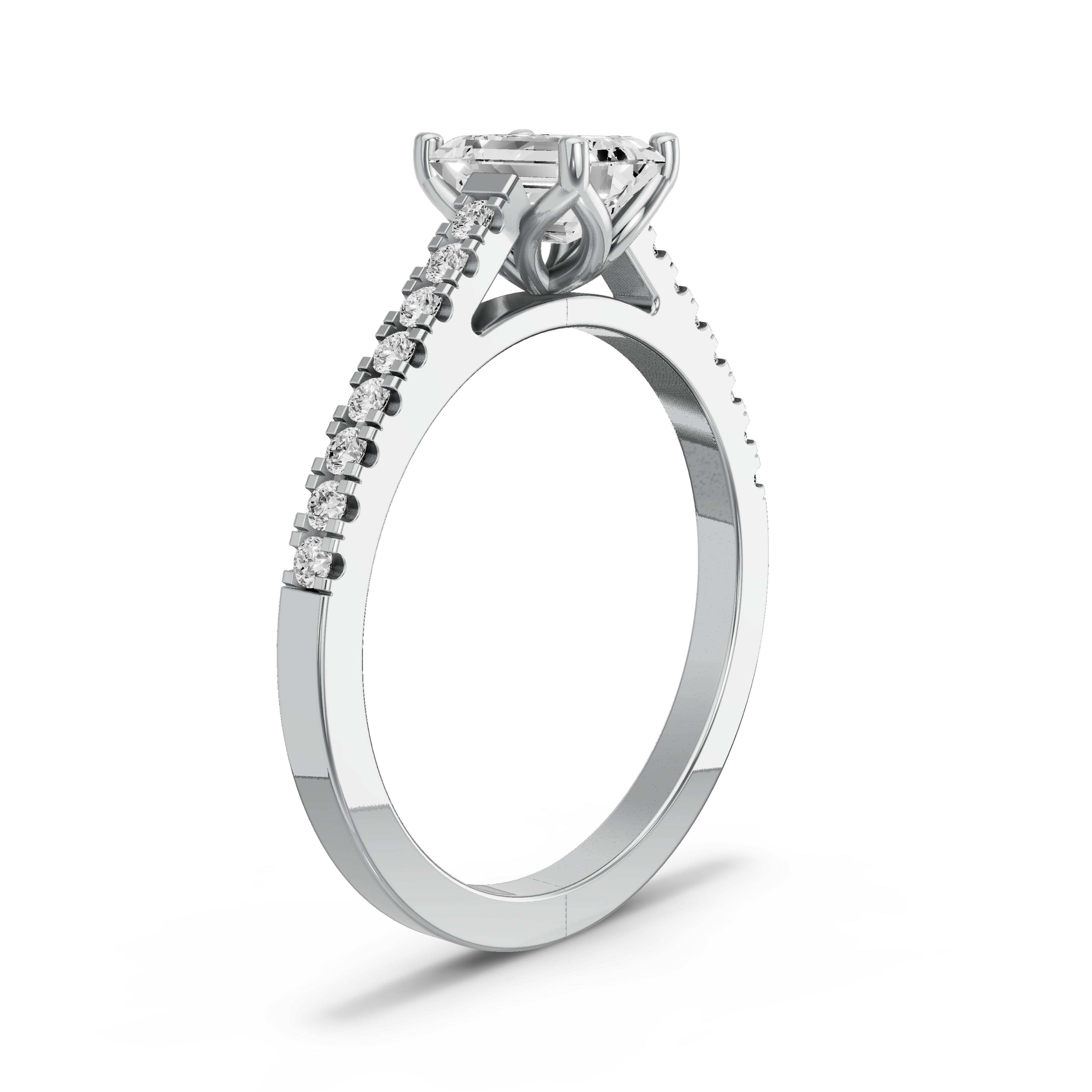 Image for Emerald Tulip Basket Ring with Cathedral Pave band in 14K White Gold