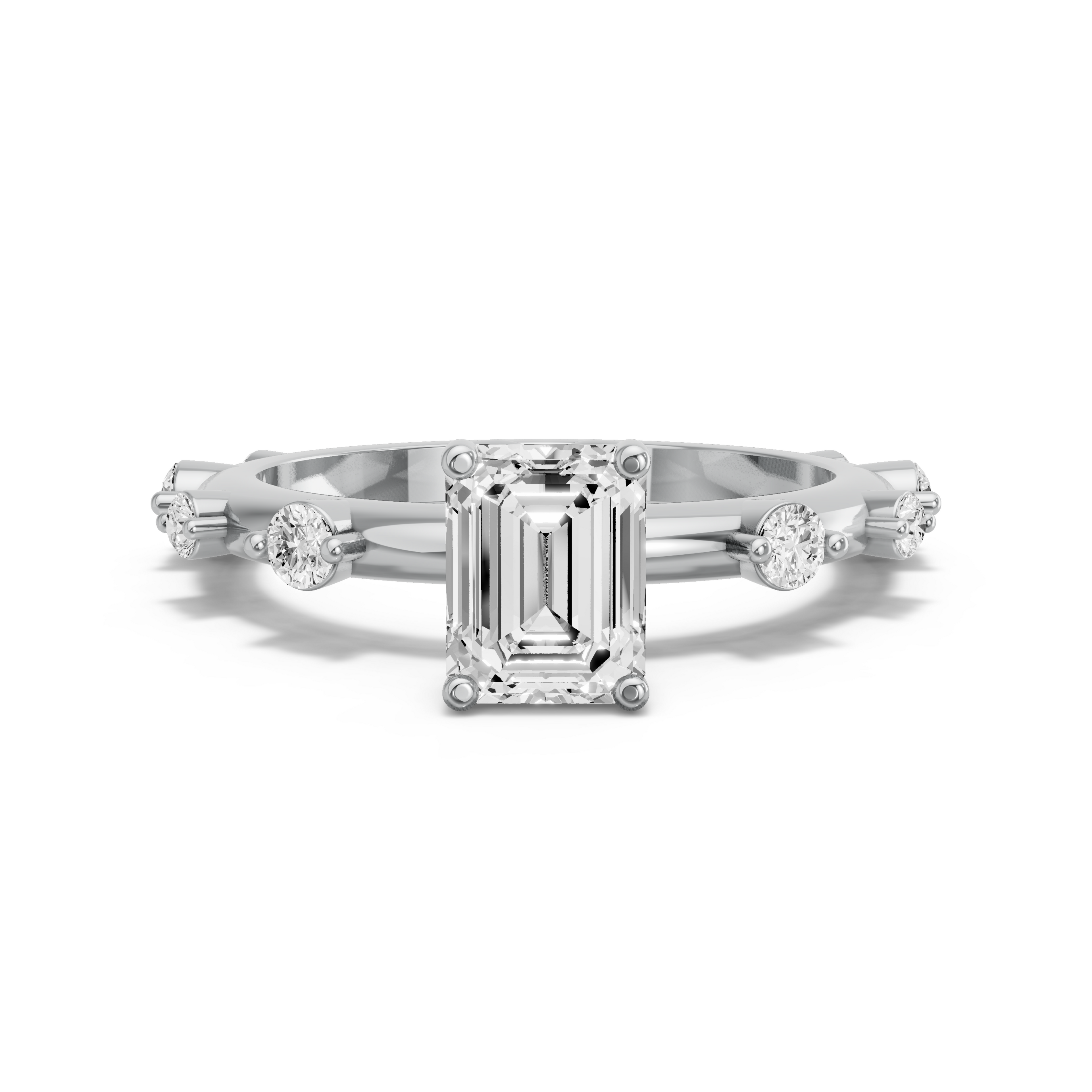 Image for Emerald Tulip Basket Ring with Floating Station band in 14K White Gold