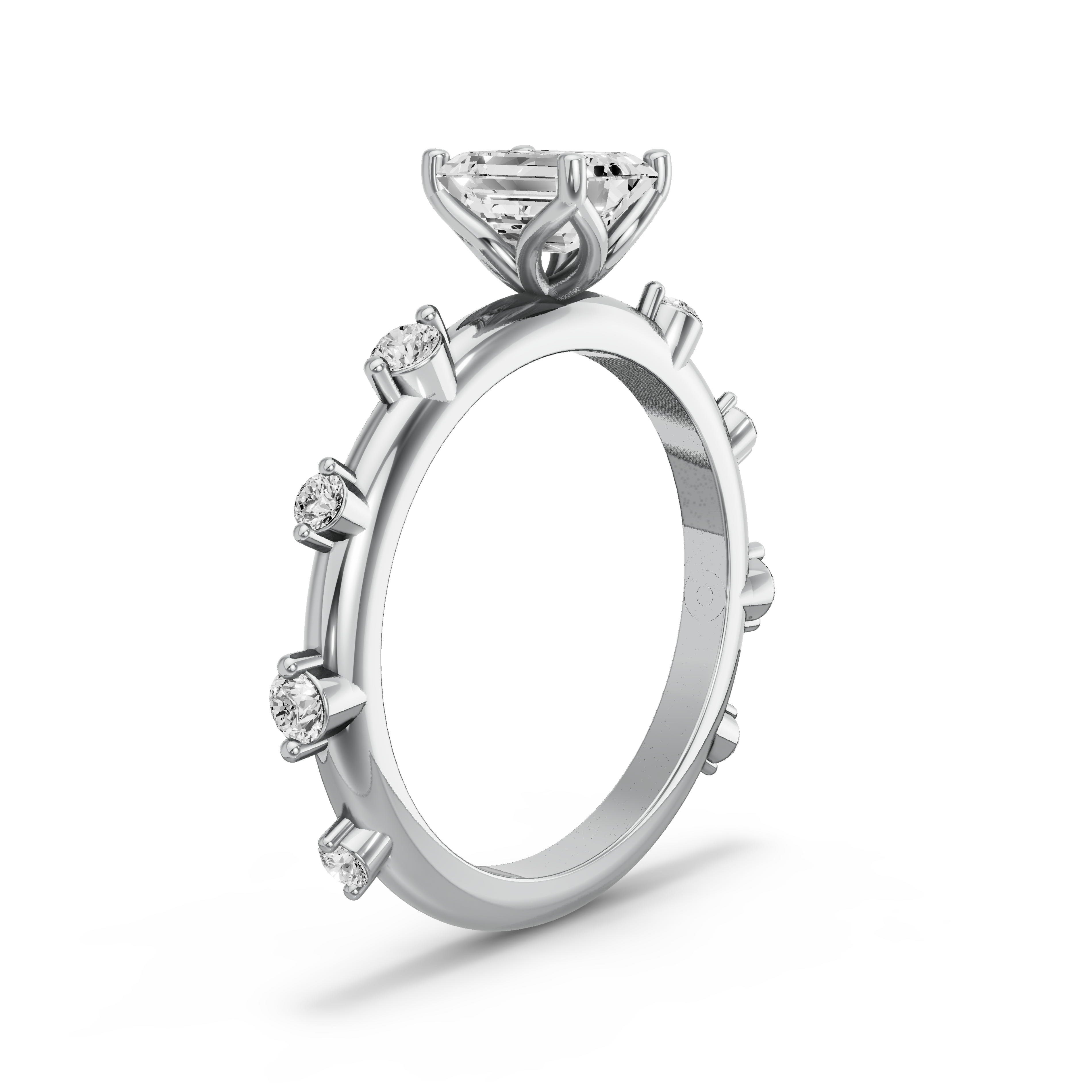 Image for Emerald Tulip Basket Ring with Floating Station band in 10K White Gold