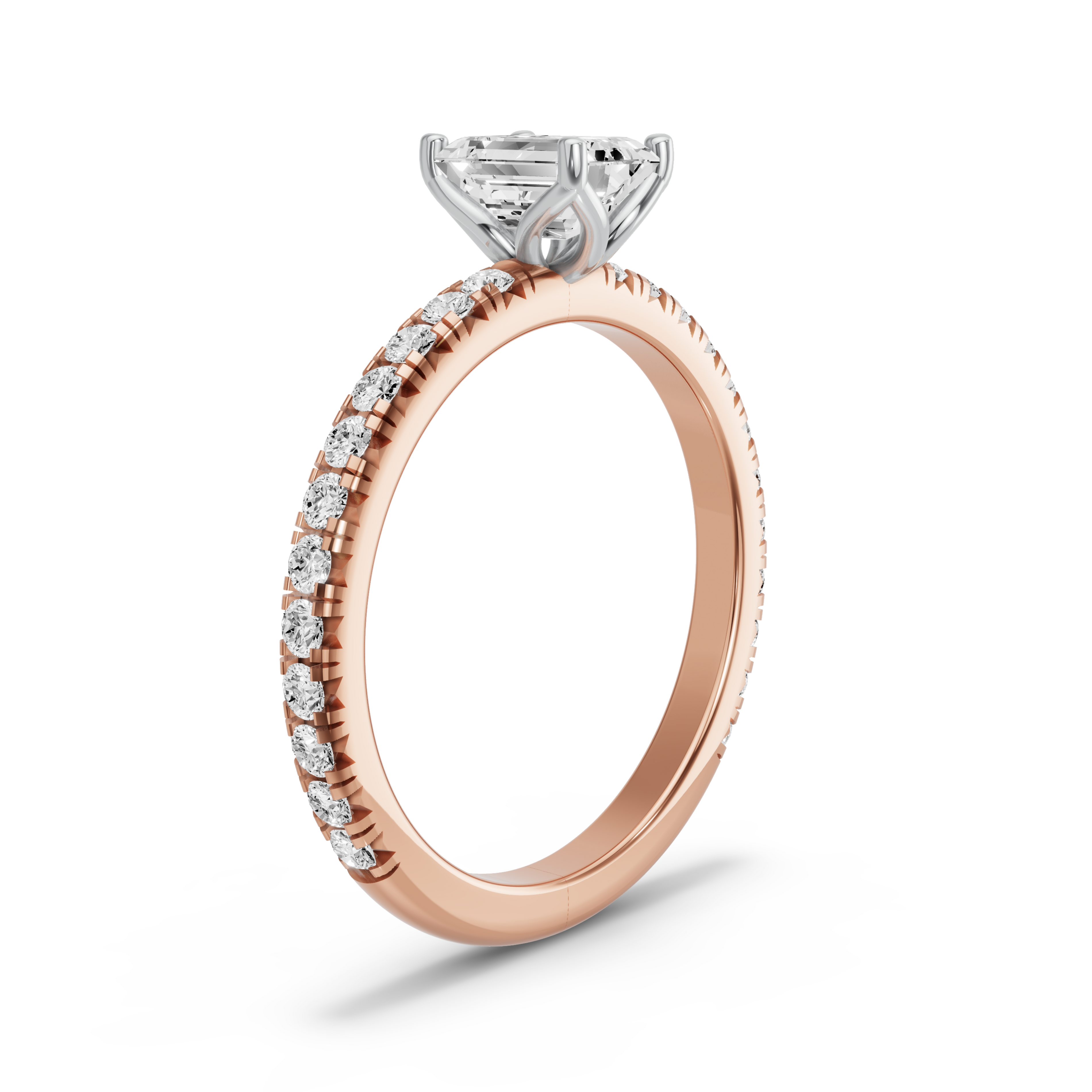 Image for Emerald Tulip Basket Ring with French Pave band in 14K Two Tone Rose Gold