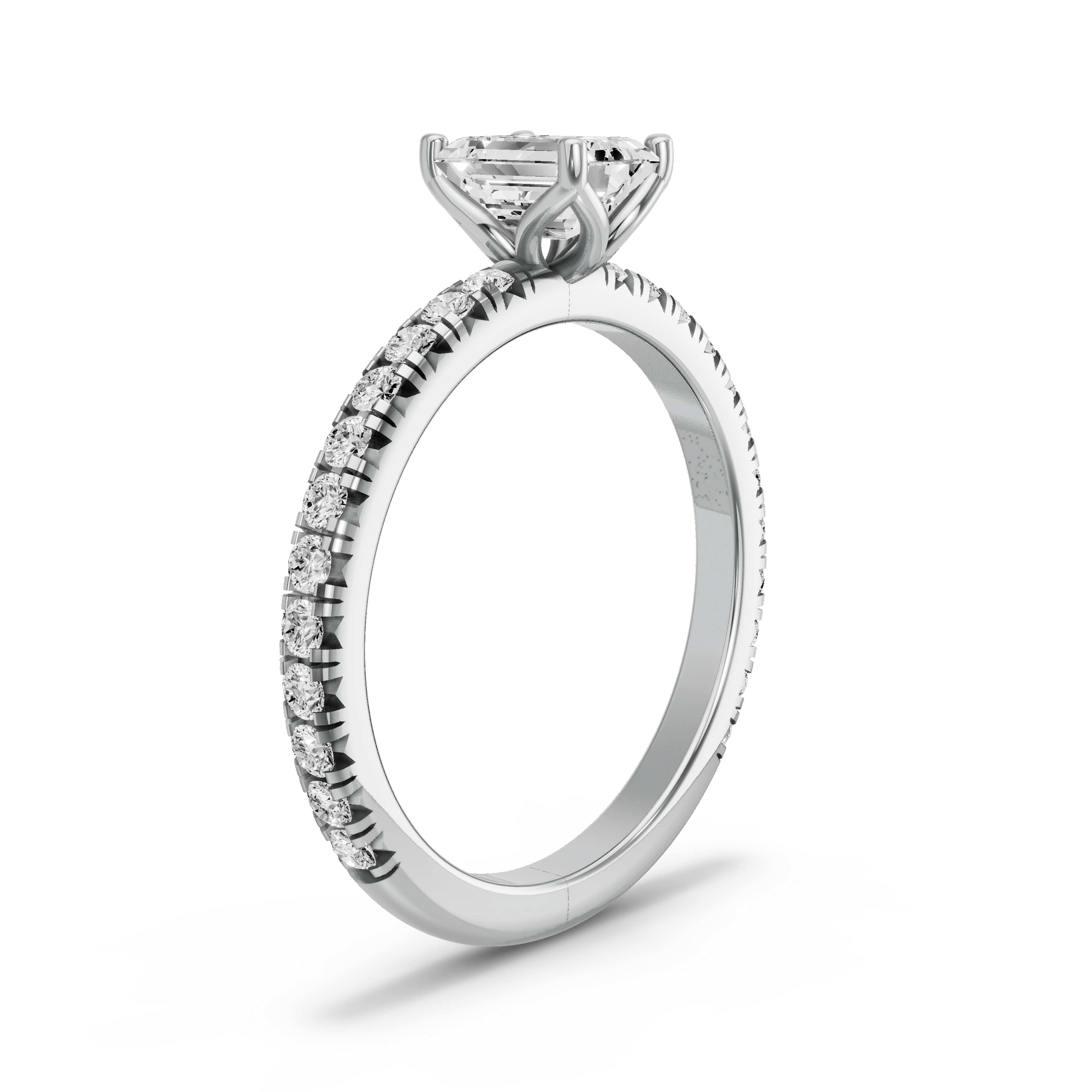 Image for Emerald Tulip Basket Ring with French Pave band in 14K White Gold