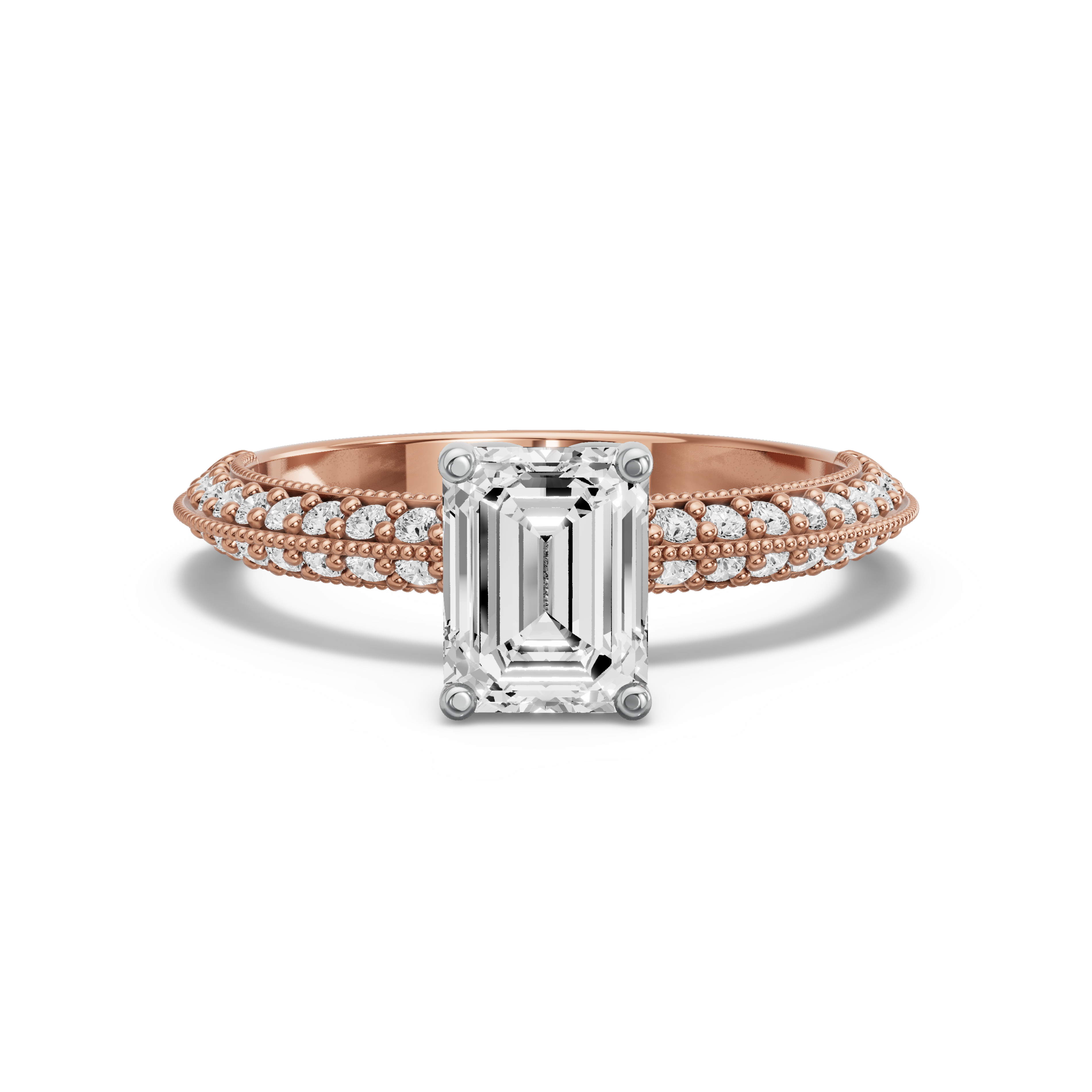 Image for Emerald Tulip Basket Ring with Knife Edge Pave band in 10K Two Tone Rose Gold