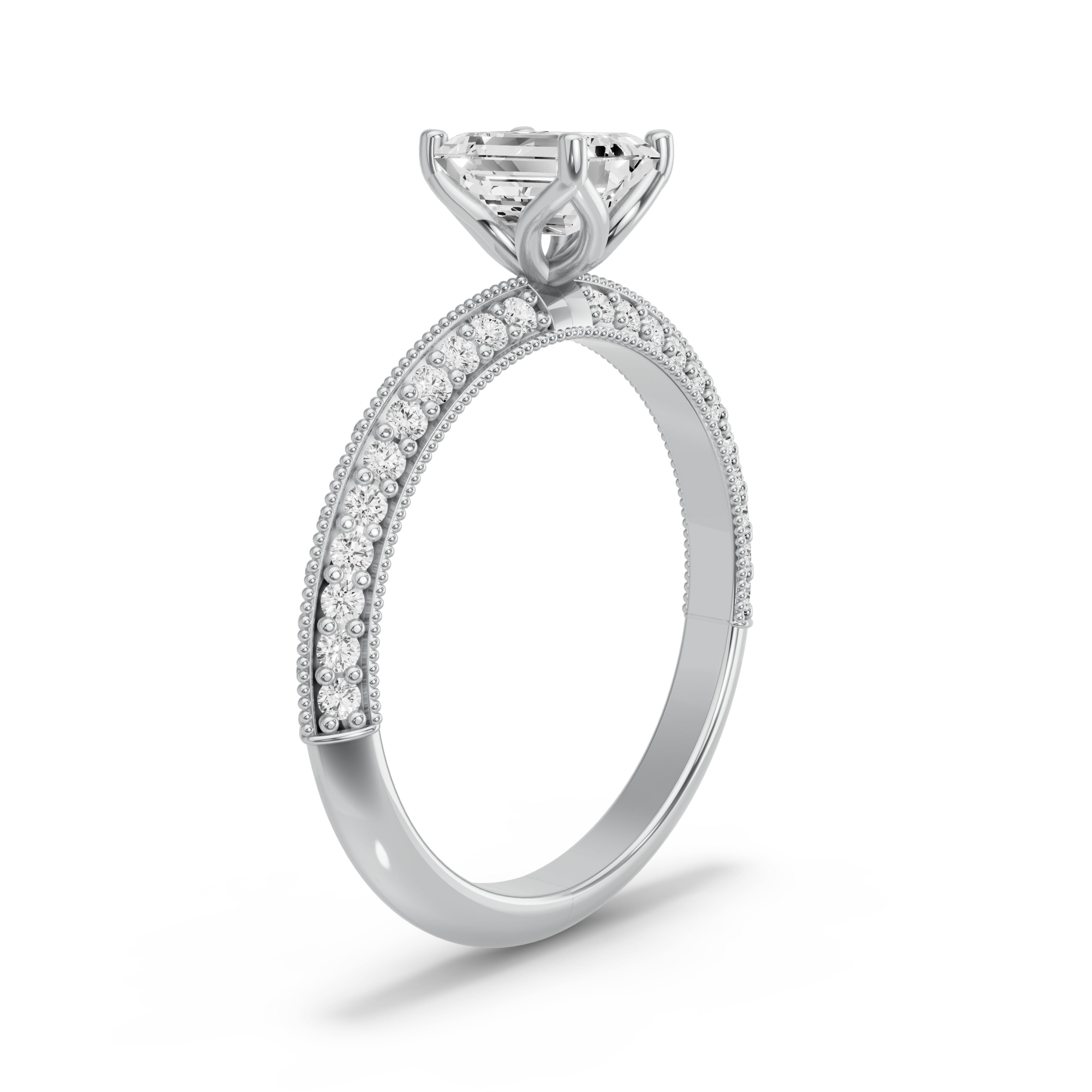 Image for Emerald Tulip Basket Ring with Knife Edge Pave band in 10K White Gold
