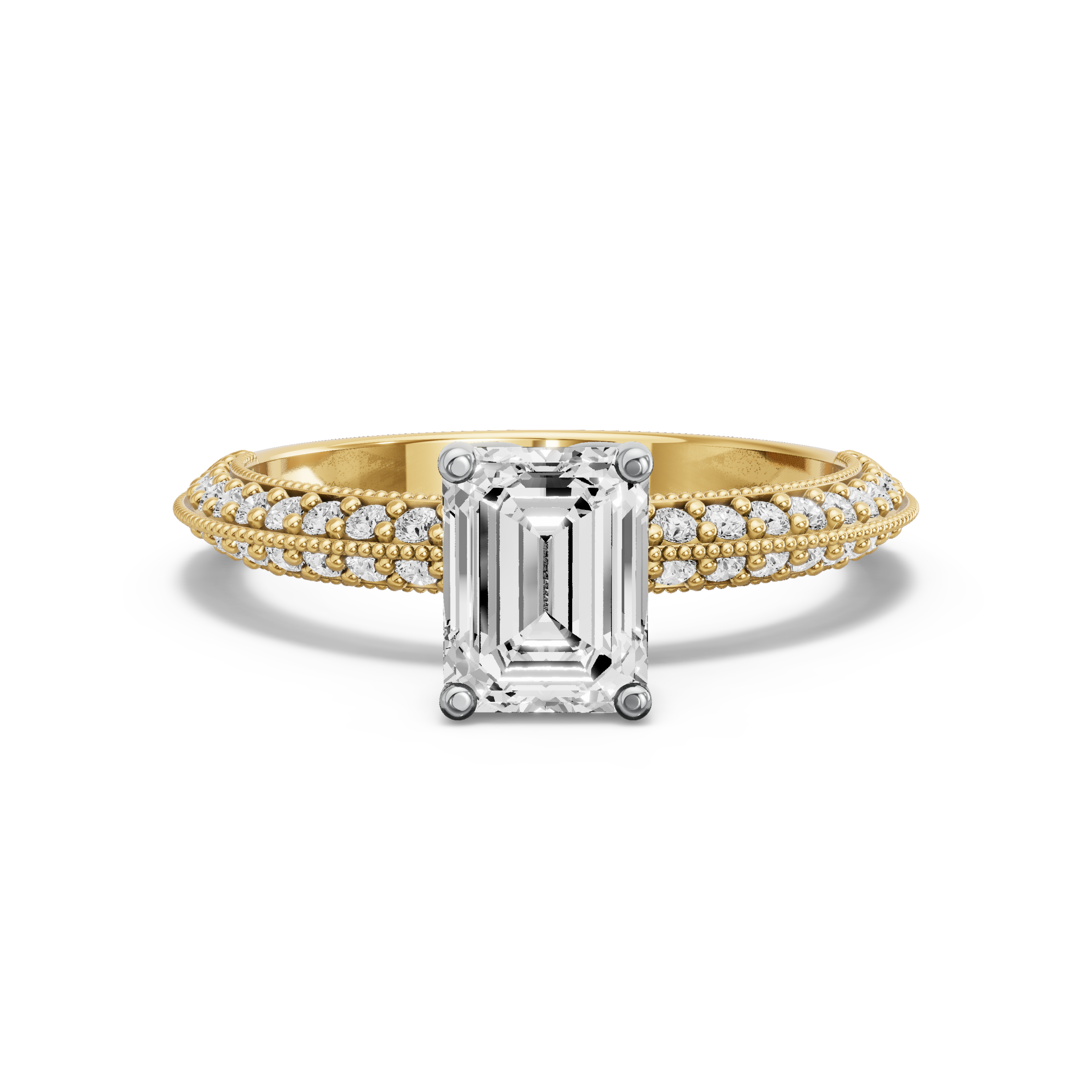 Image for Emerald Tulip Basket Ring with Knife Edge Pave band in 10K Two Tone Yellow Gold