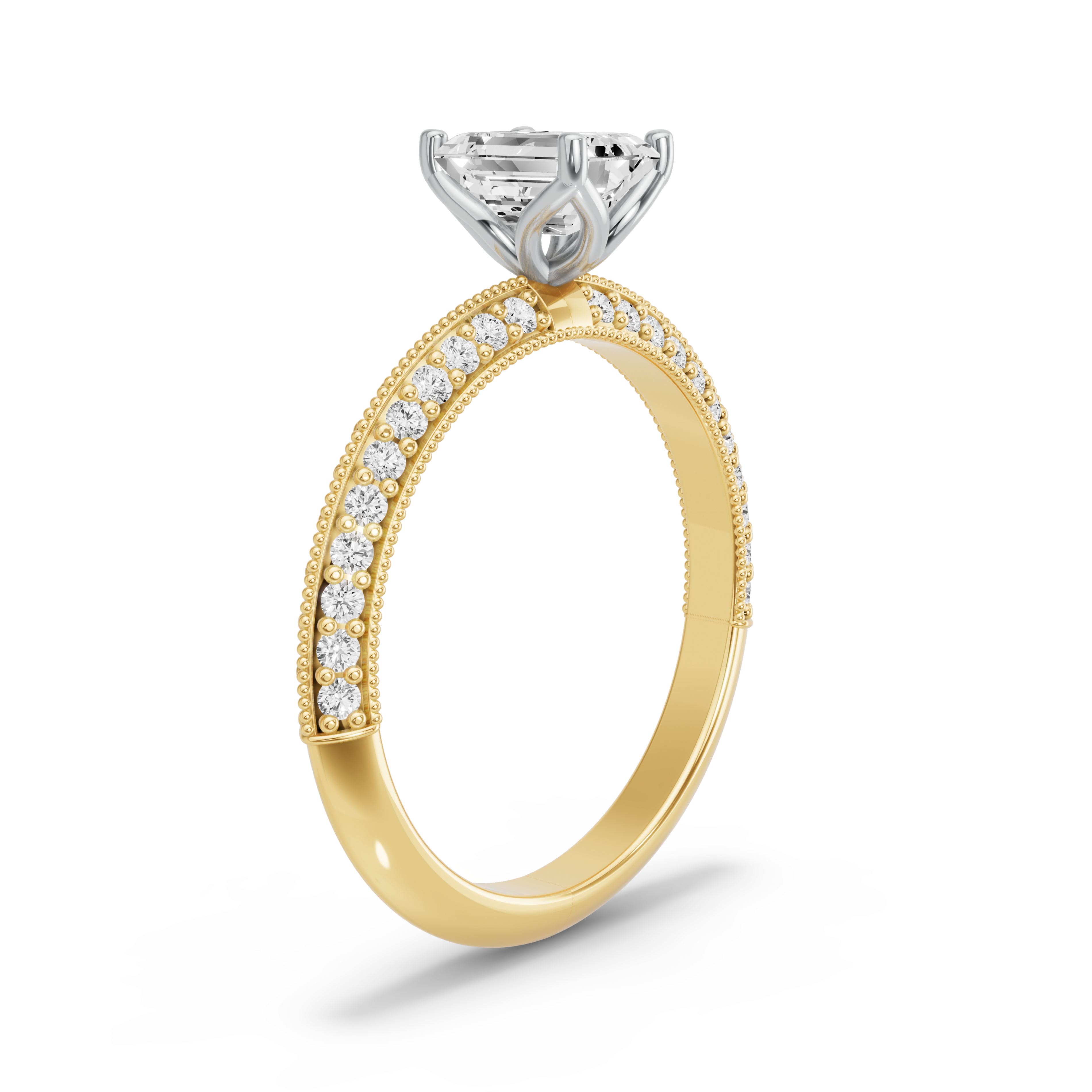 Image for Emerald Tulip Basket Ring with Knife Edge Pave band in 10K Two Tone Yellow Gold