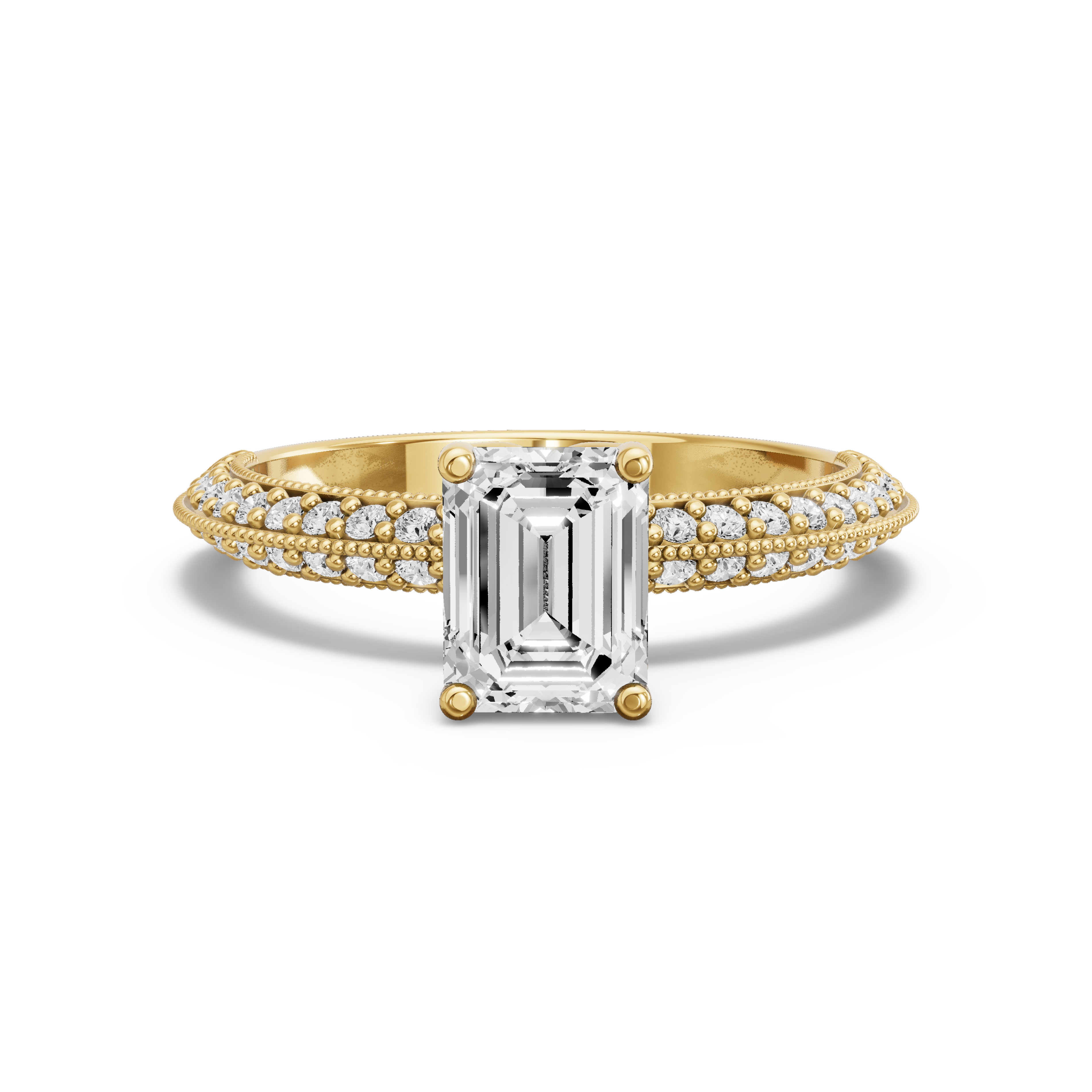 Image for Emerald Tulip Basket Ring with Knife Edge Pave band in 10K Yellow Gold