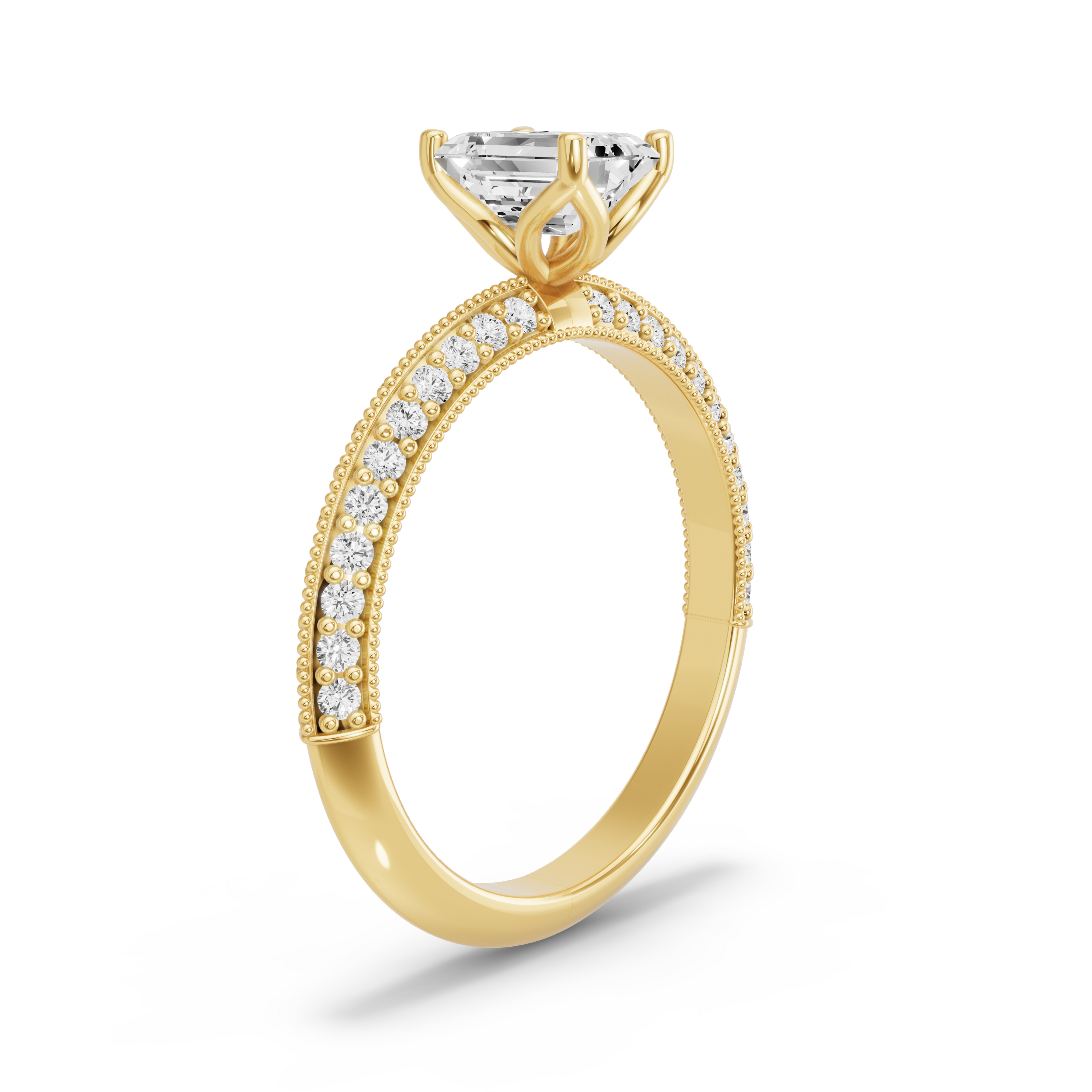 Image for Emerald Tulip Basket Ring with Knife Edge Pave band in 14K Yellow Gold