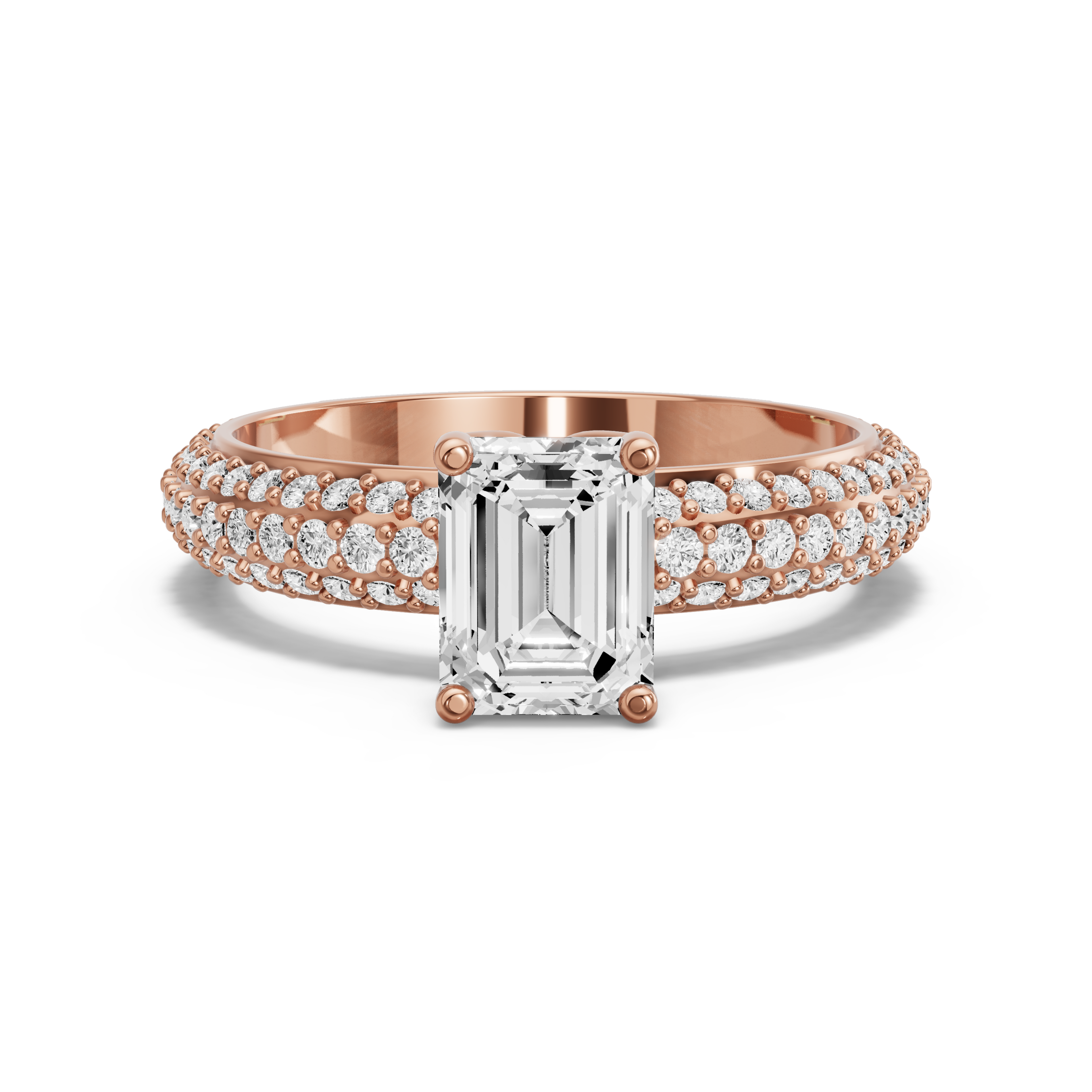 Image for Emerald Tulip Basket Ring with Triple Row Pave band in 10K Rose Gold