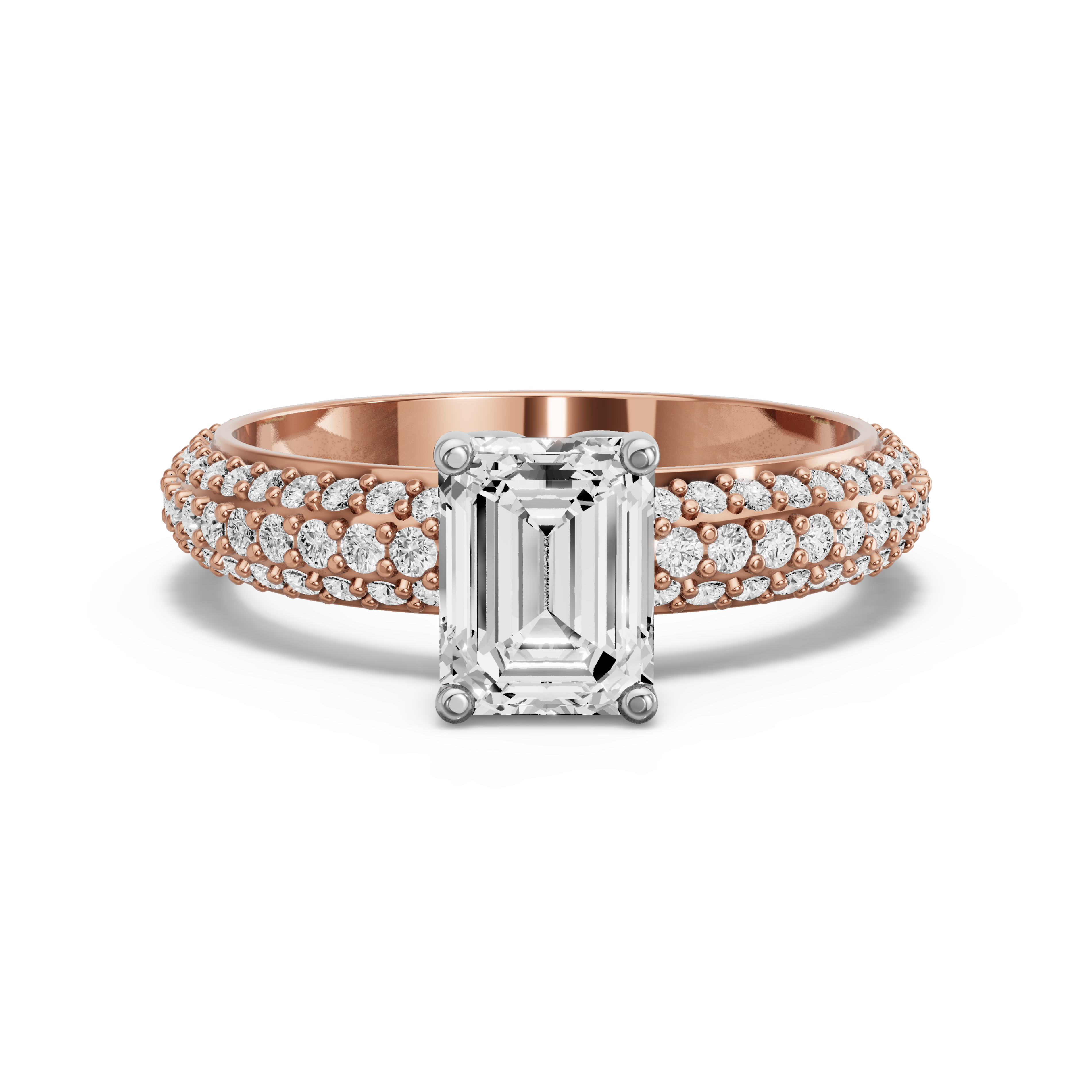 Image for Emerald Tulip Basket Ring with Triple Row Pave band in 14K Two Tone Rose Gold