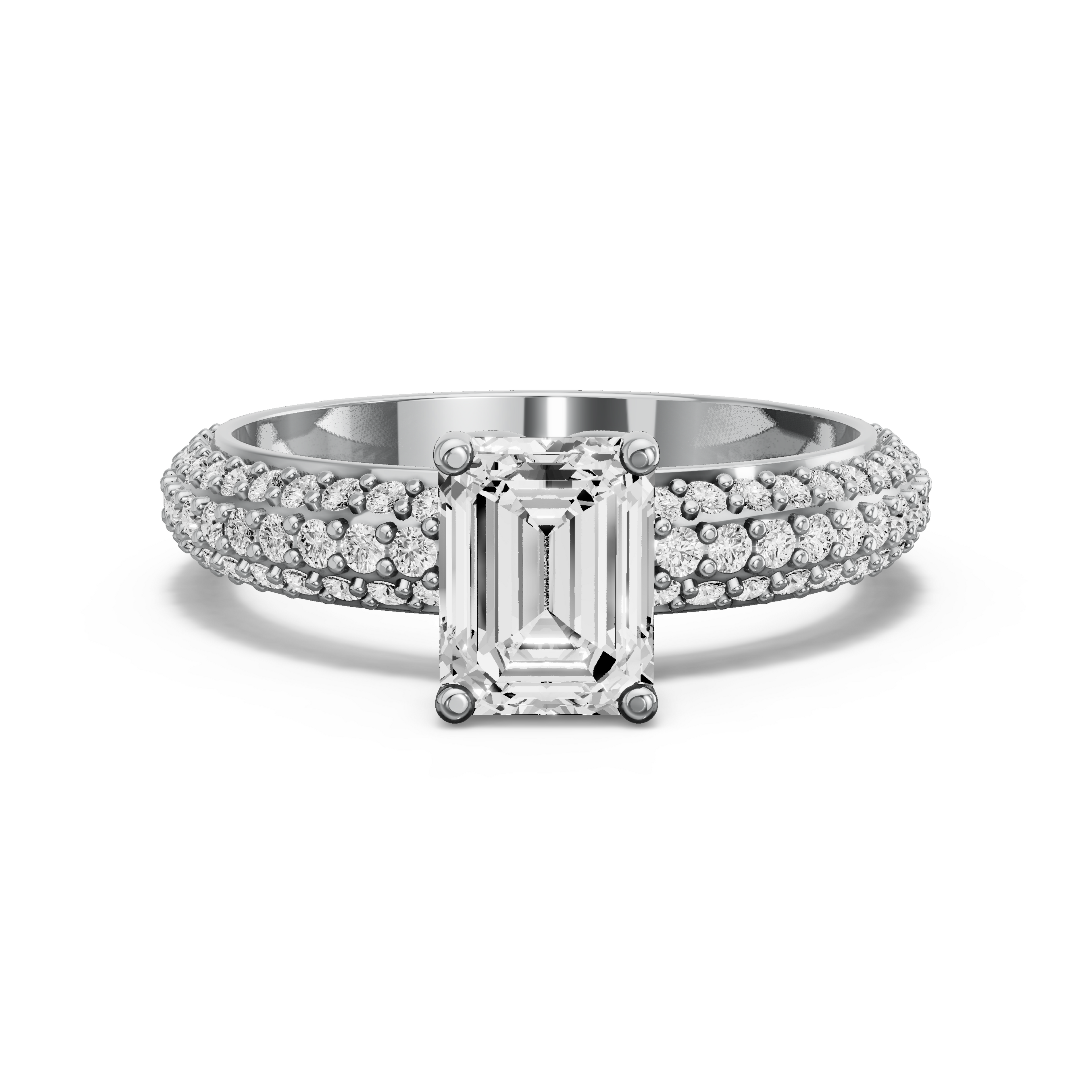 Image for Emerald Tulip Basket Ring with Triple Row Pave band in 10K White Gold
