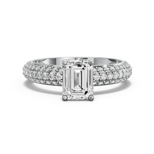 Image for Emerald Tulip Basket Ring with Triple Row Pave band in 18K White Gold
