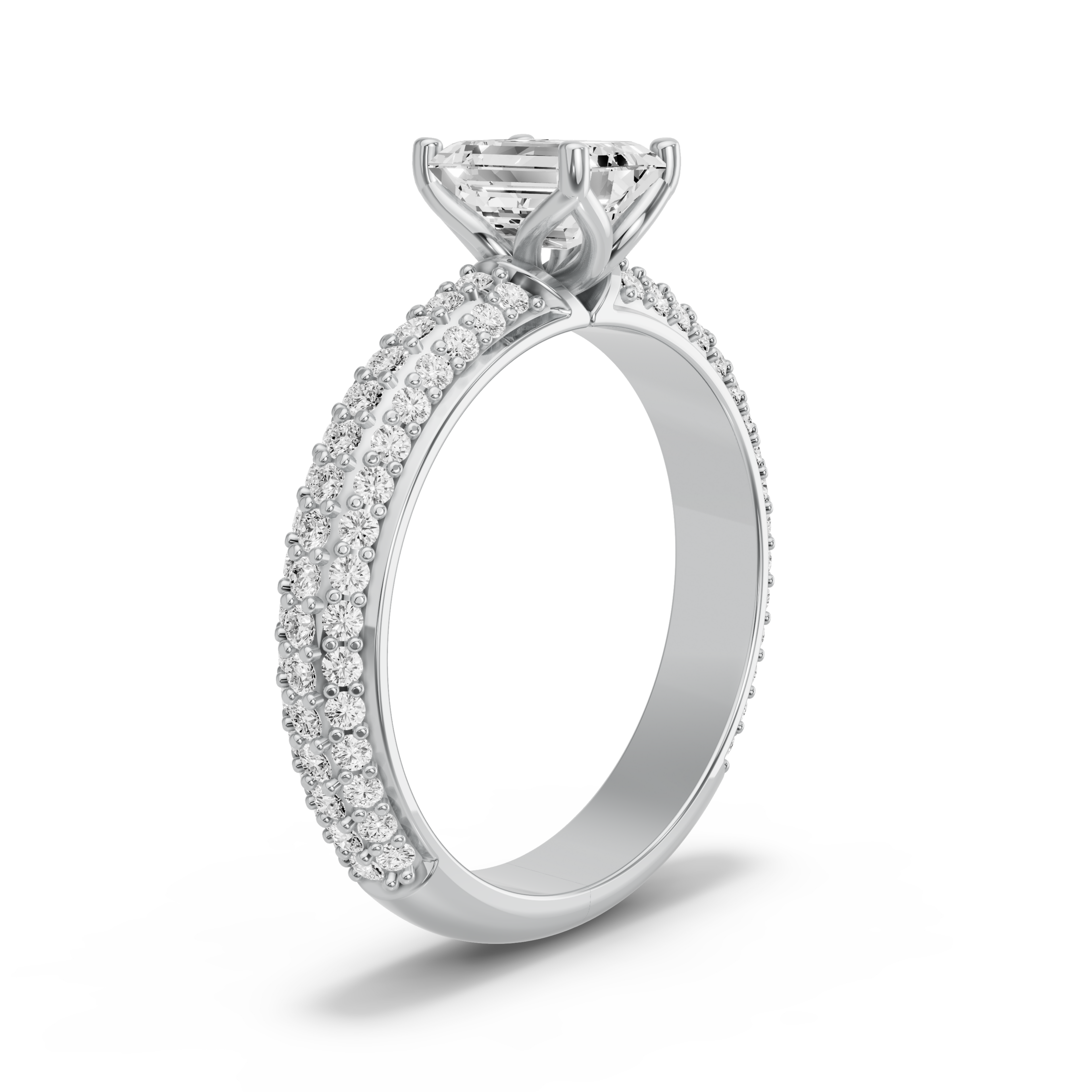 Image for Emerald Tulip Basket Ring with Triple Row Pave band in 10K White Gold