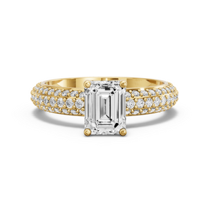 Image for Emerald Tulip Basket Ring with Triple Row Pave band in 18K Yellow Gold