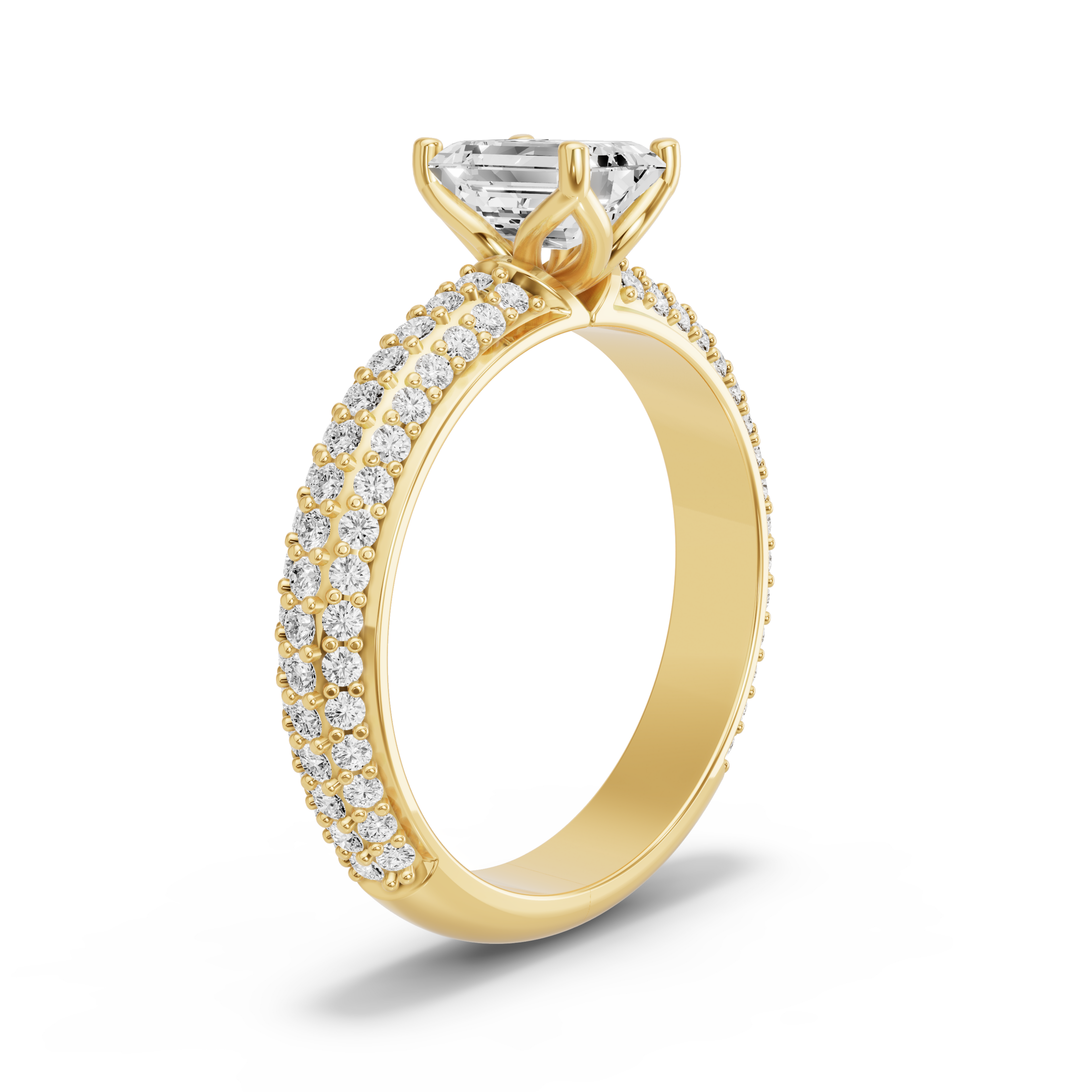Image for Emerald Tulip Basket Ring with Triple Row Pave band in 10K Yellow Gold