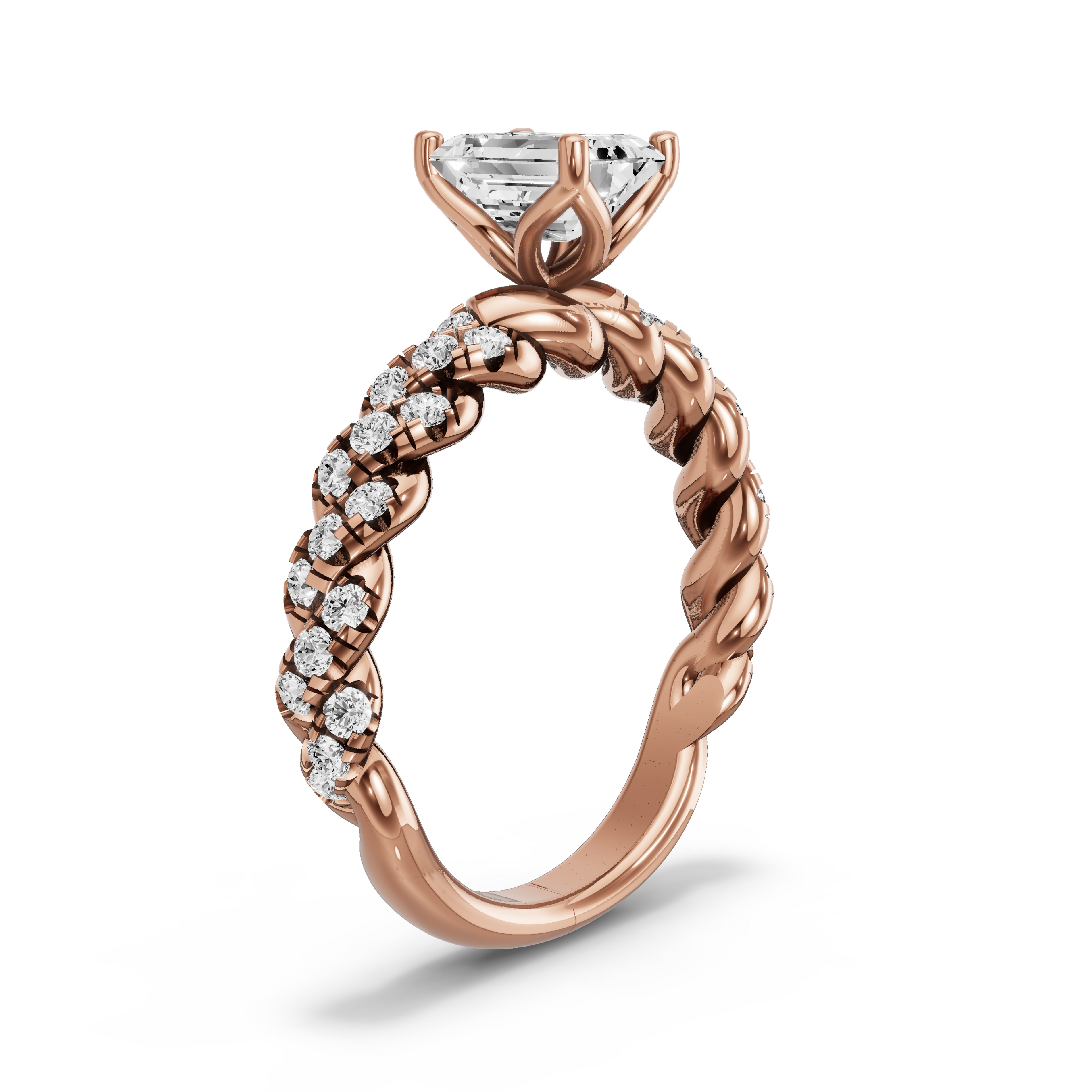 Image for Emerald Tulip Basket Ring with Twist Pave band in 14K Rose Gold