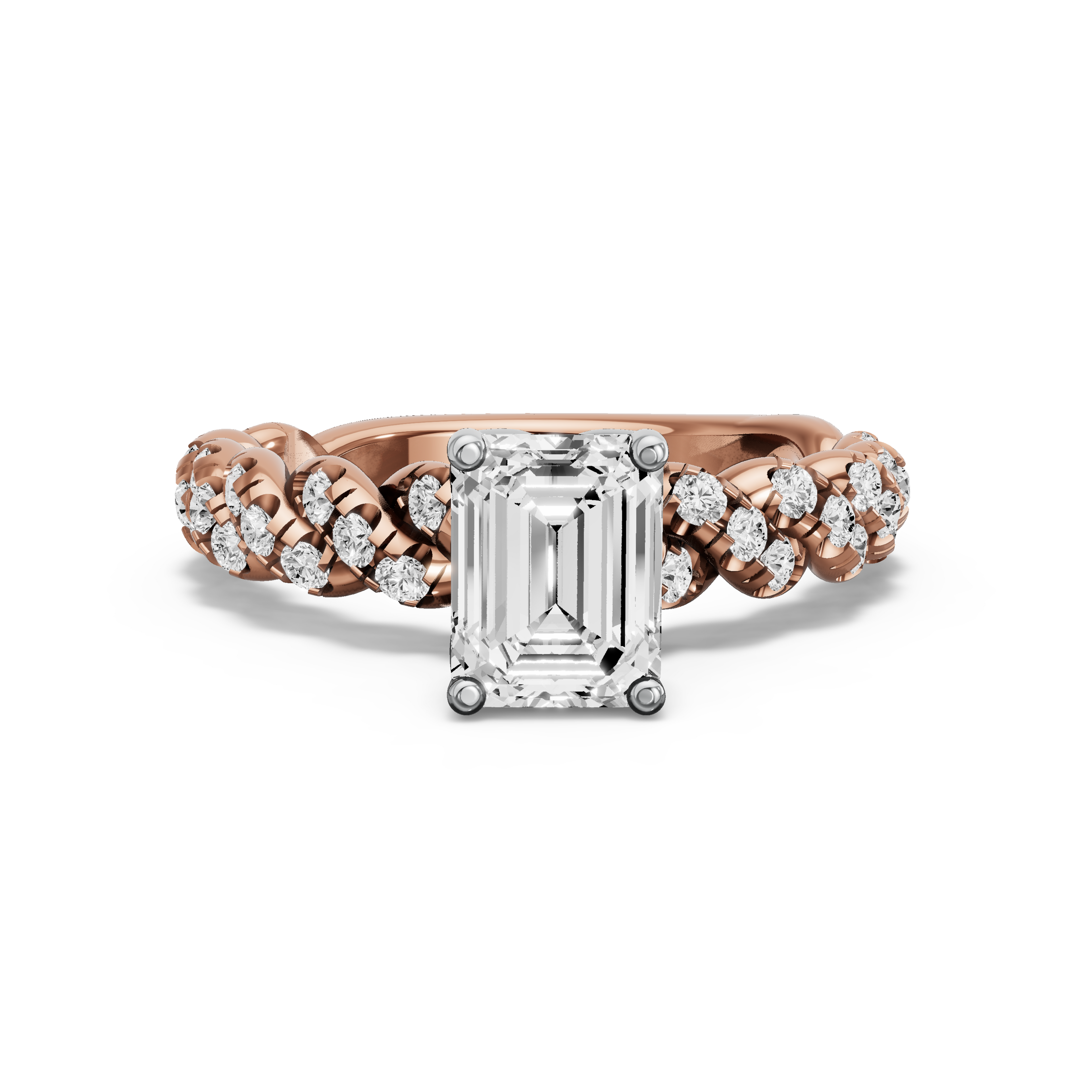 Image for Emerald Tulip Basket Ring with Twist Pave band in 10K Two Tone Rose Gold