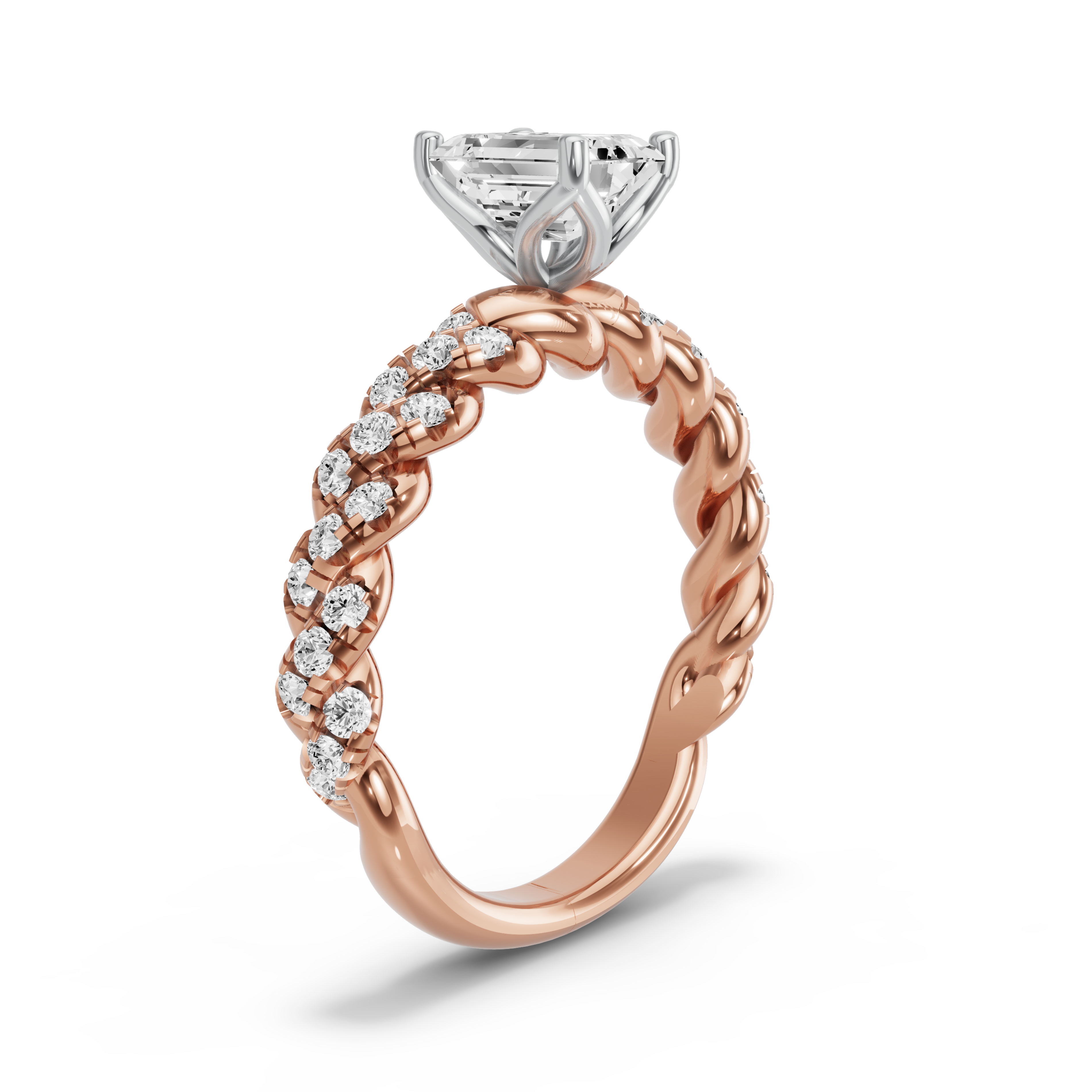 Image for Emerald Tulip Basket Ring with Twist Pave band in 10K Two Tone Rose Gold