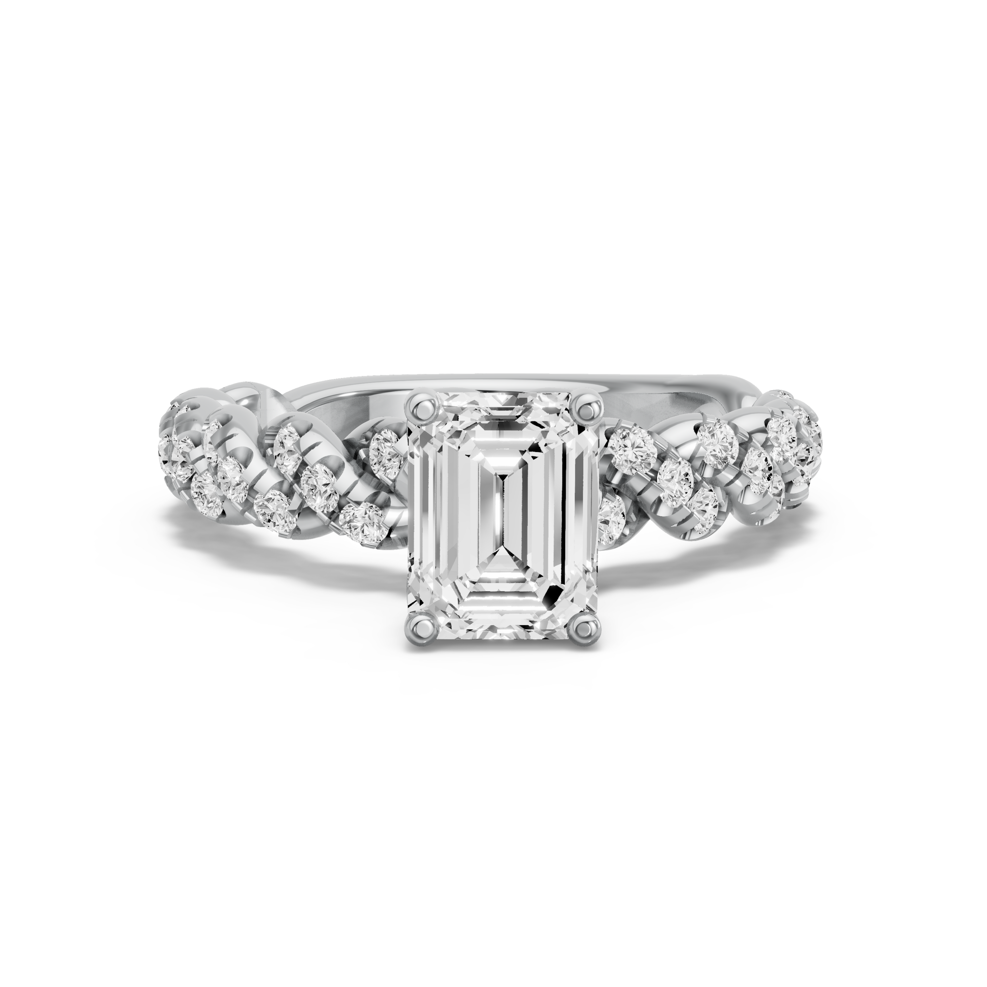Image for Emerald Tulip Basket Ring with Twist Pave band in 10K White Gold