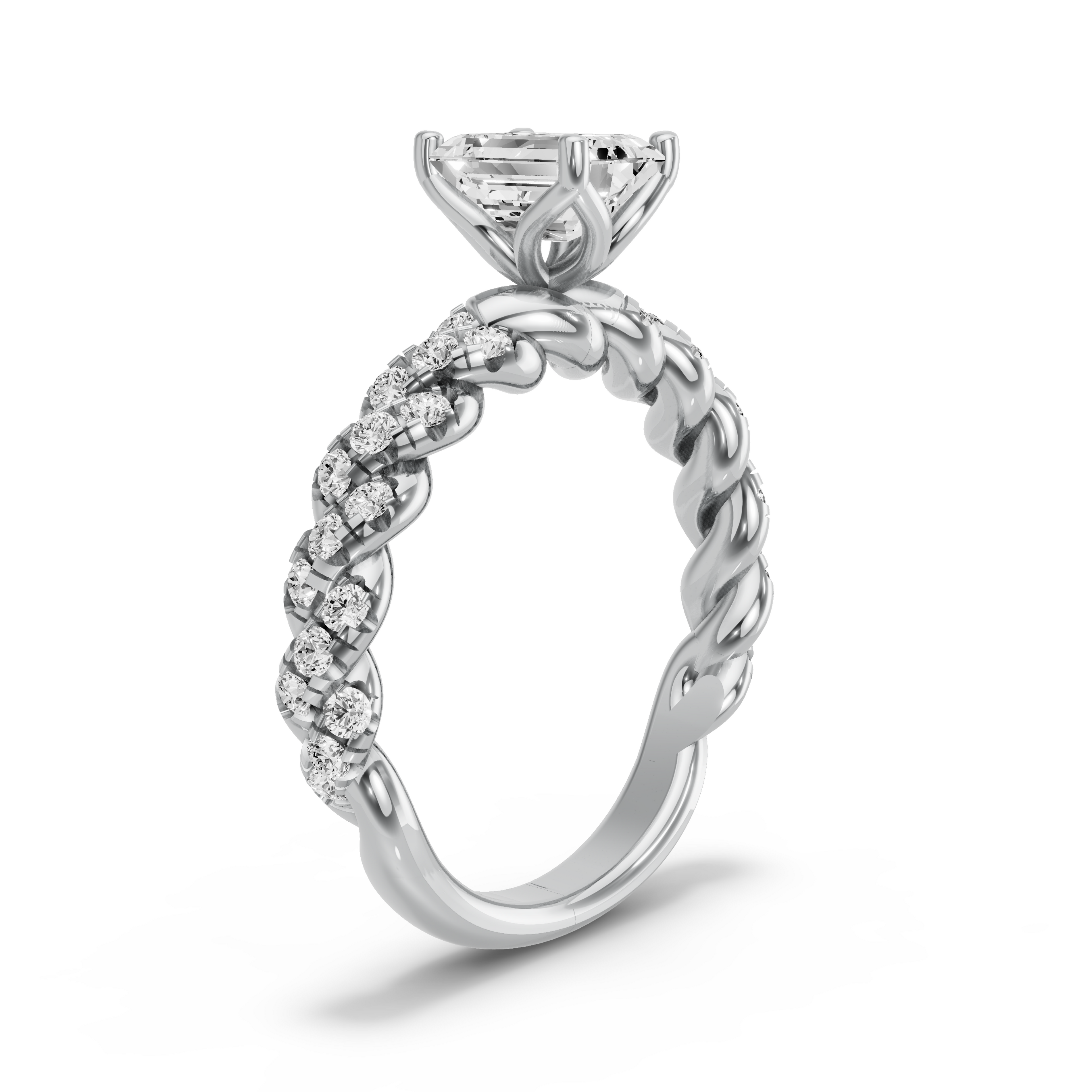 Image for Emerald Tulip Basket Ring with Twist Pave band in 14K White Gold