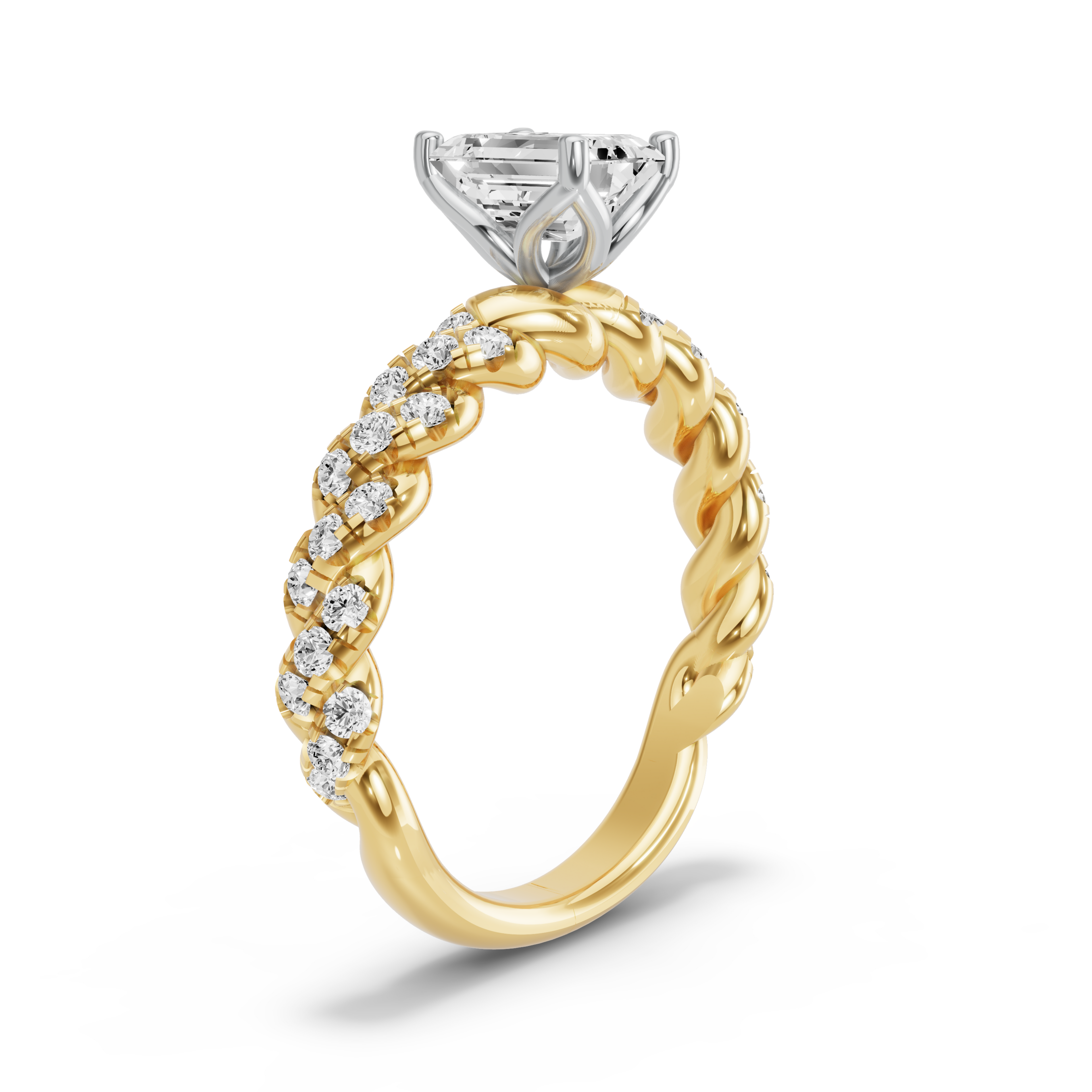 Image for Emerald Tulip Basket Ring with Twist Pave band in 10K Two Tone Yellow Gold