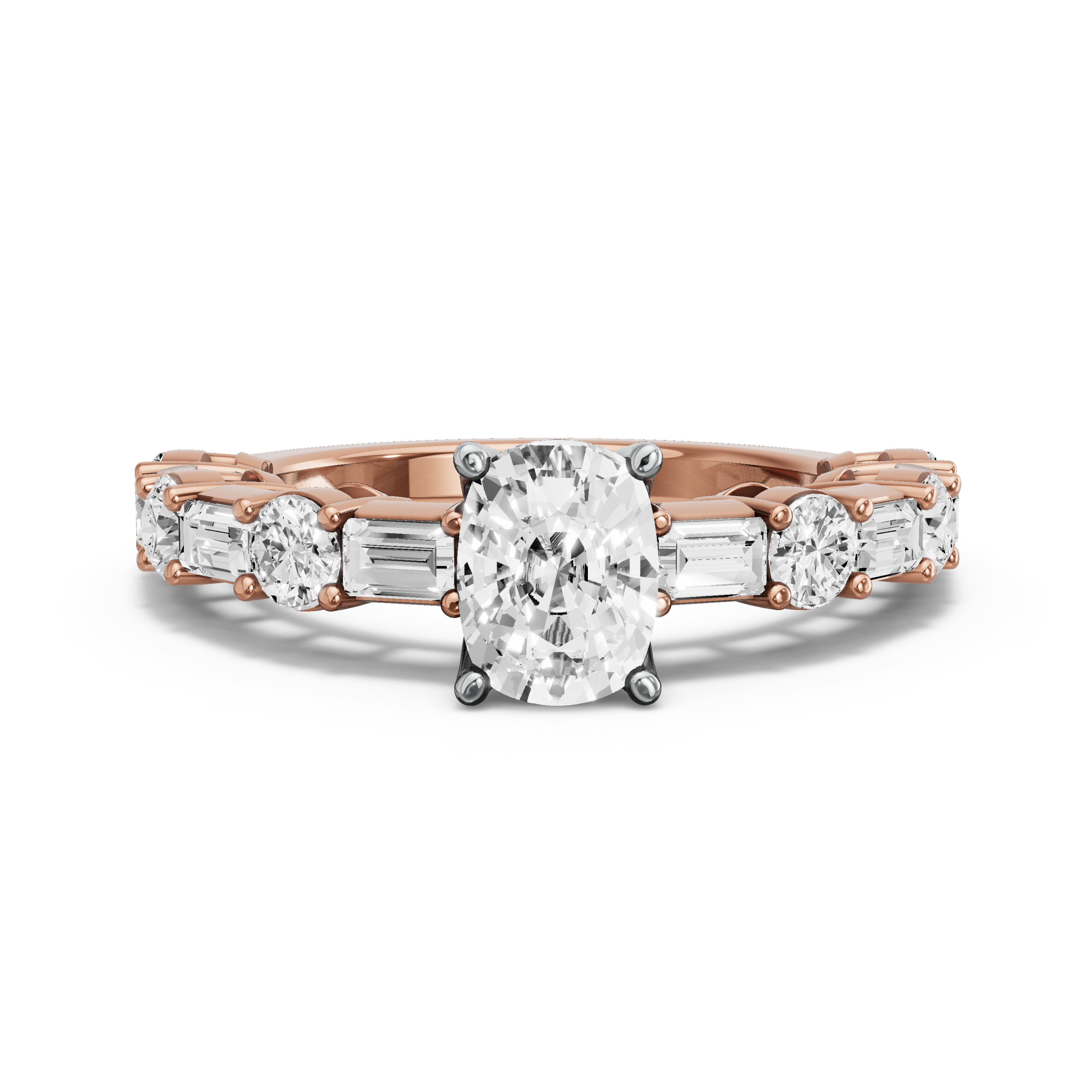 Image for Cushion Tulip Basket Ring with Alternating Baguette band in 14K Two Tone Rose Gold