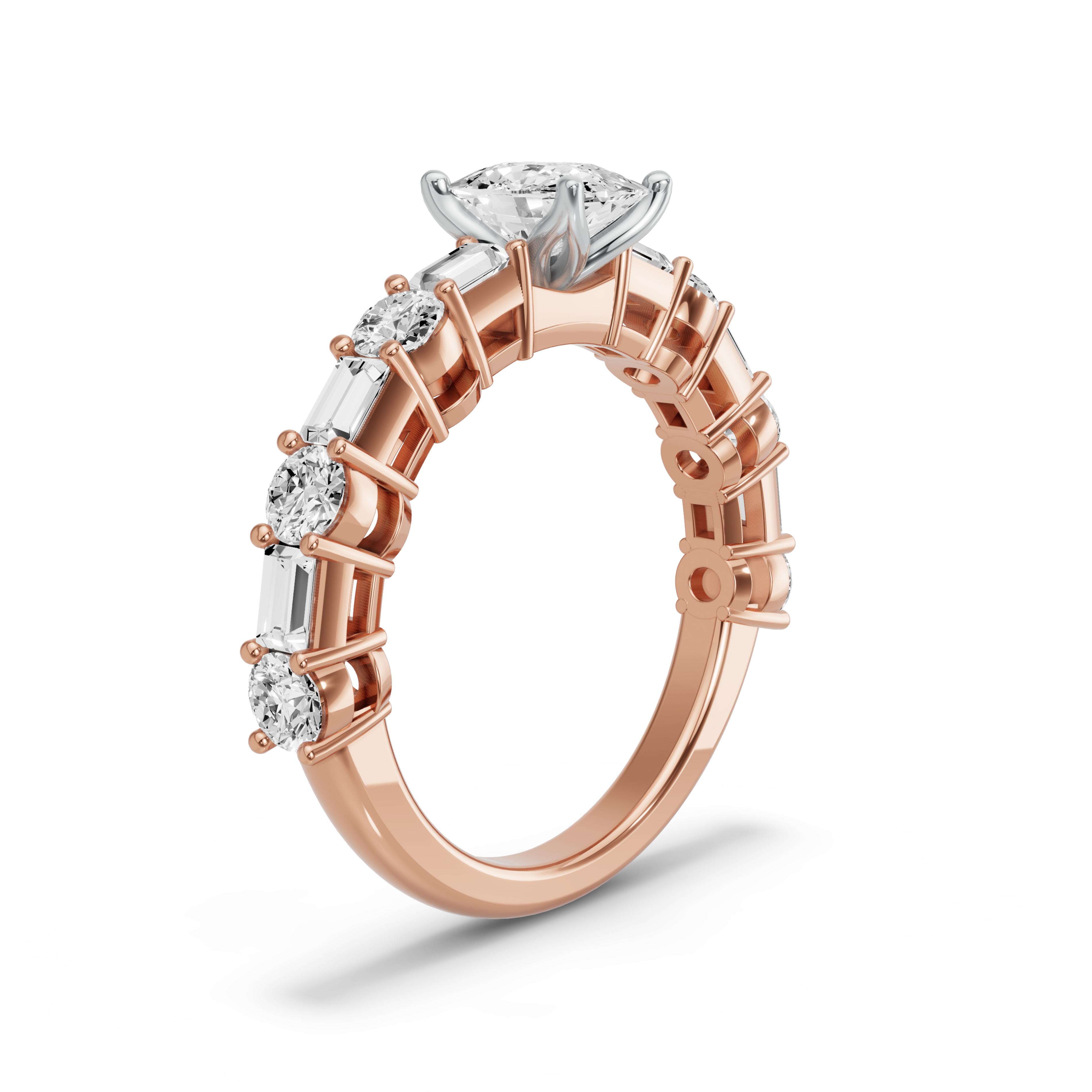 Image for Cushion Tulip Basket Ring with Alternating Baguette band in 14K Two Tone Rose Gold