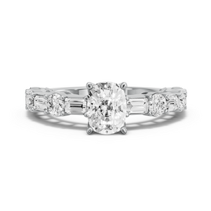 Image for Cushion Tulip Basket Ring with Alternating Baguette band in 18K White Gold