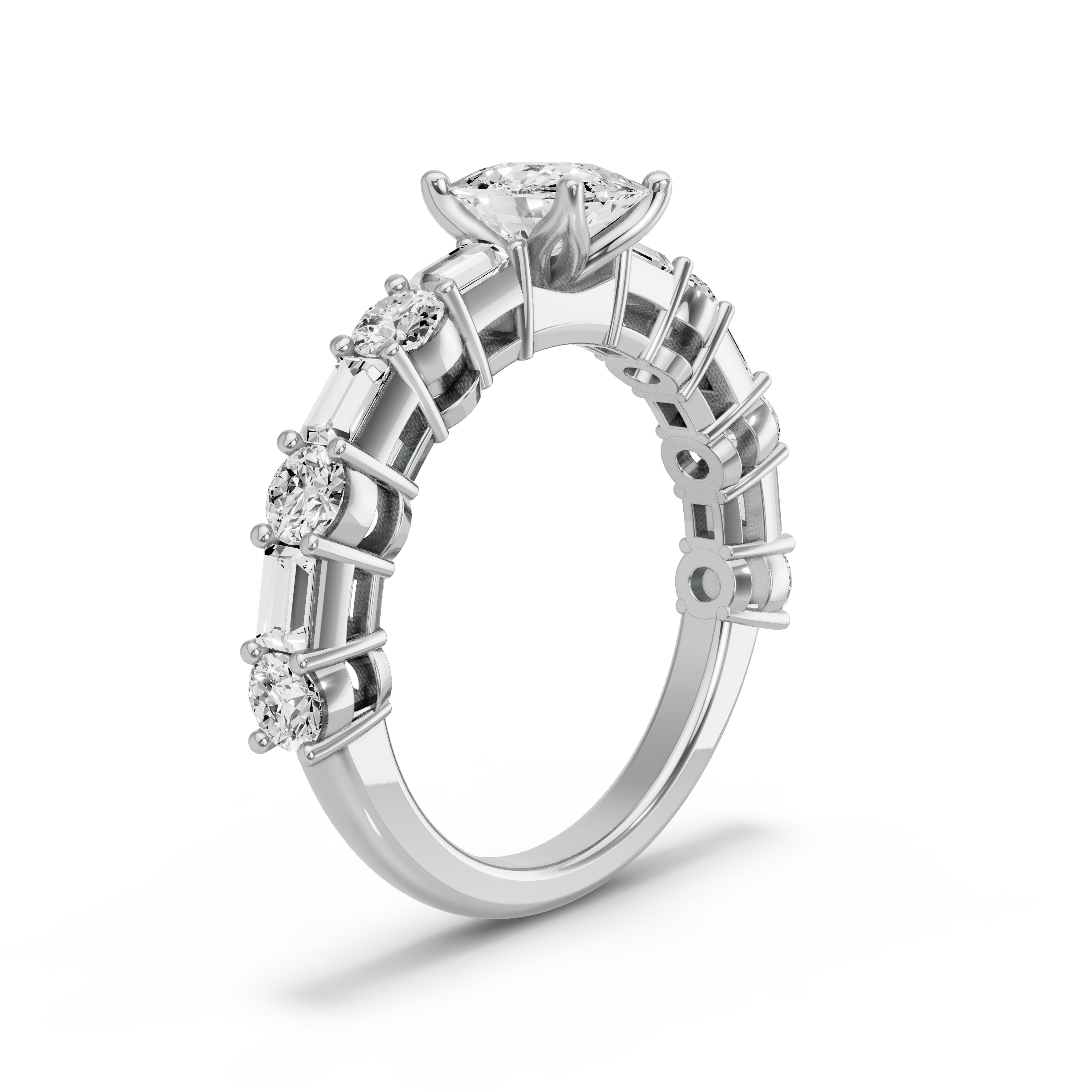 Image for Cushion Tulip Basket Ring with Alternating Baguette band in 950 Platinum