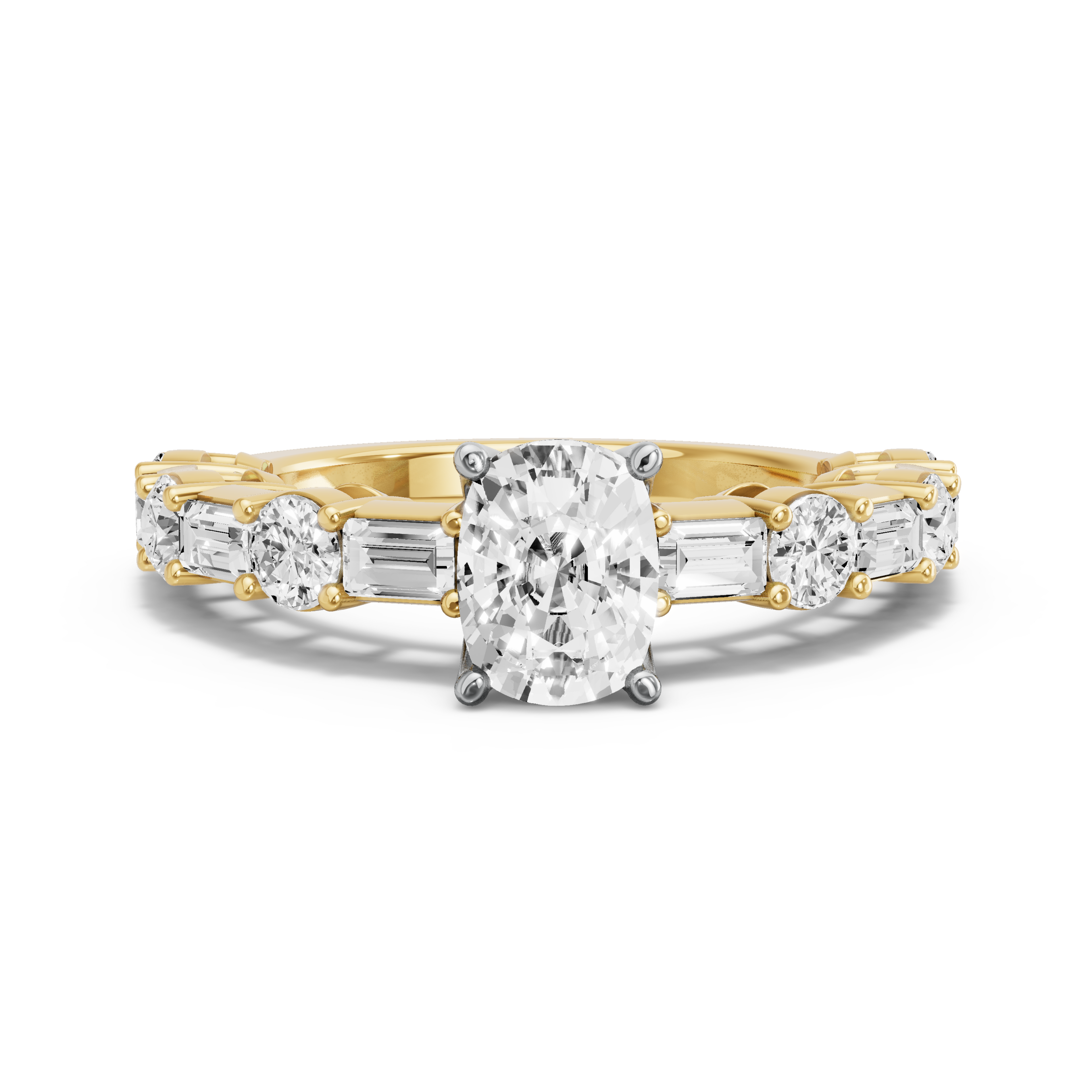 Image for Cushion Tulip Basket Ring with Alternating Baguette band in 14K Two Tone Yellow Gold