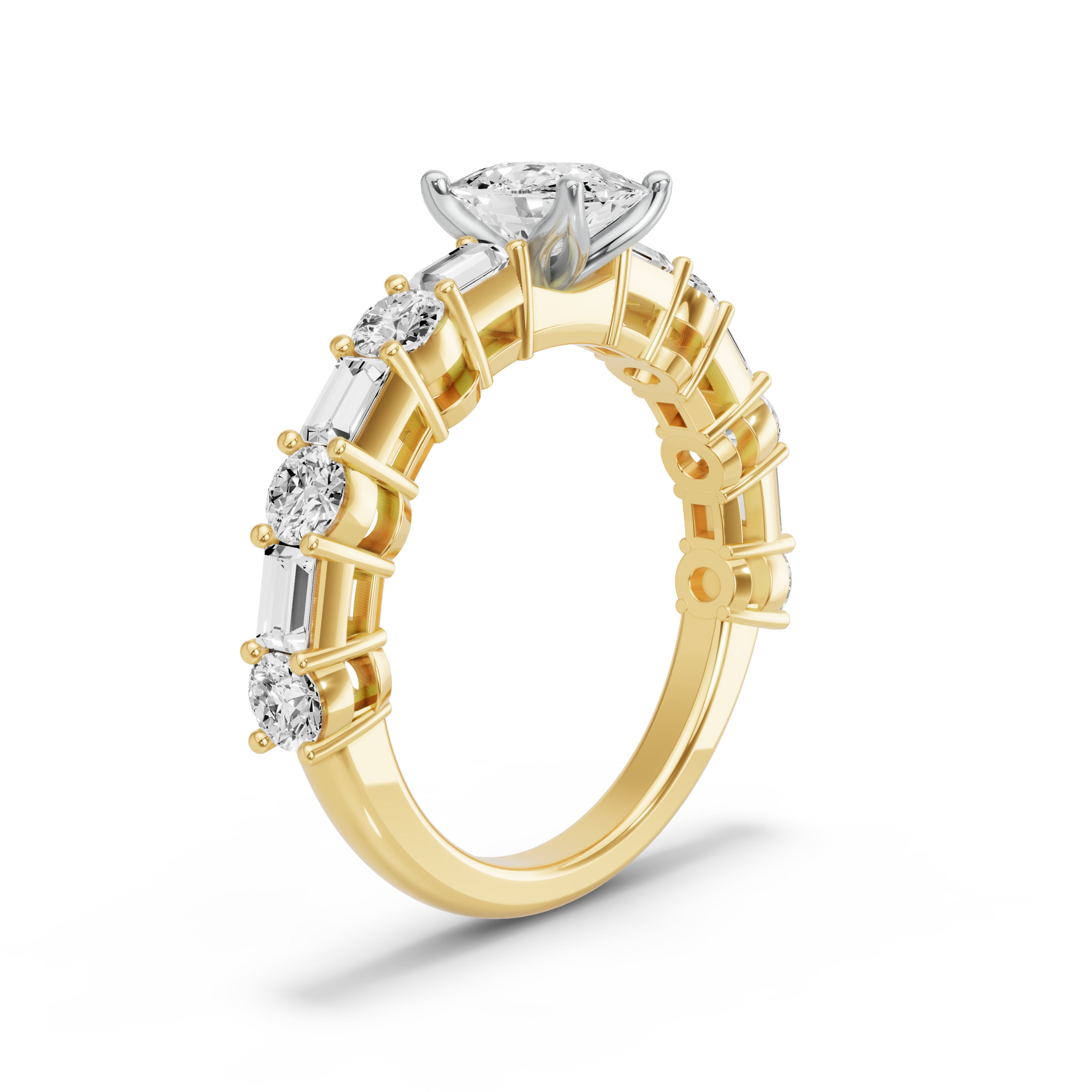 Image for Cushion Tulip Basket Ring with Alternating Baguette band in 14K Two Tone Yellow Gold
