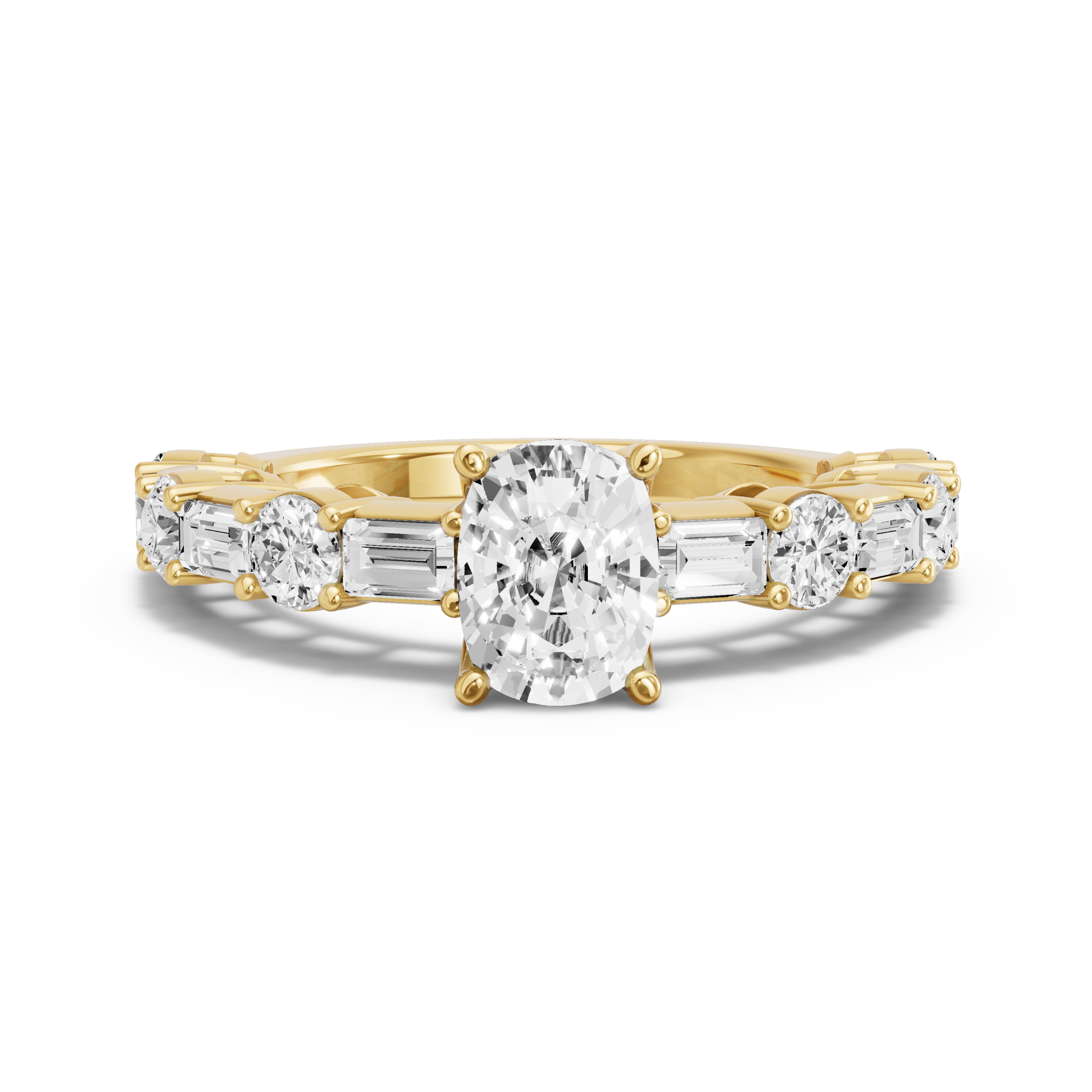 Image for Cushion Tulip Basket Ring with Alternating Baguette band in 18K Yellow Gold