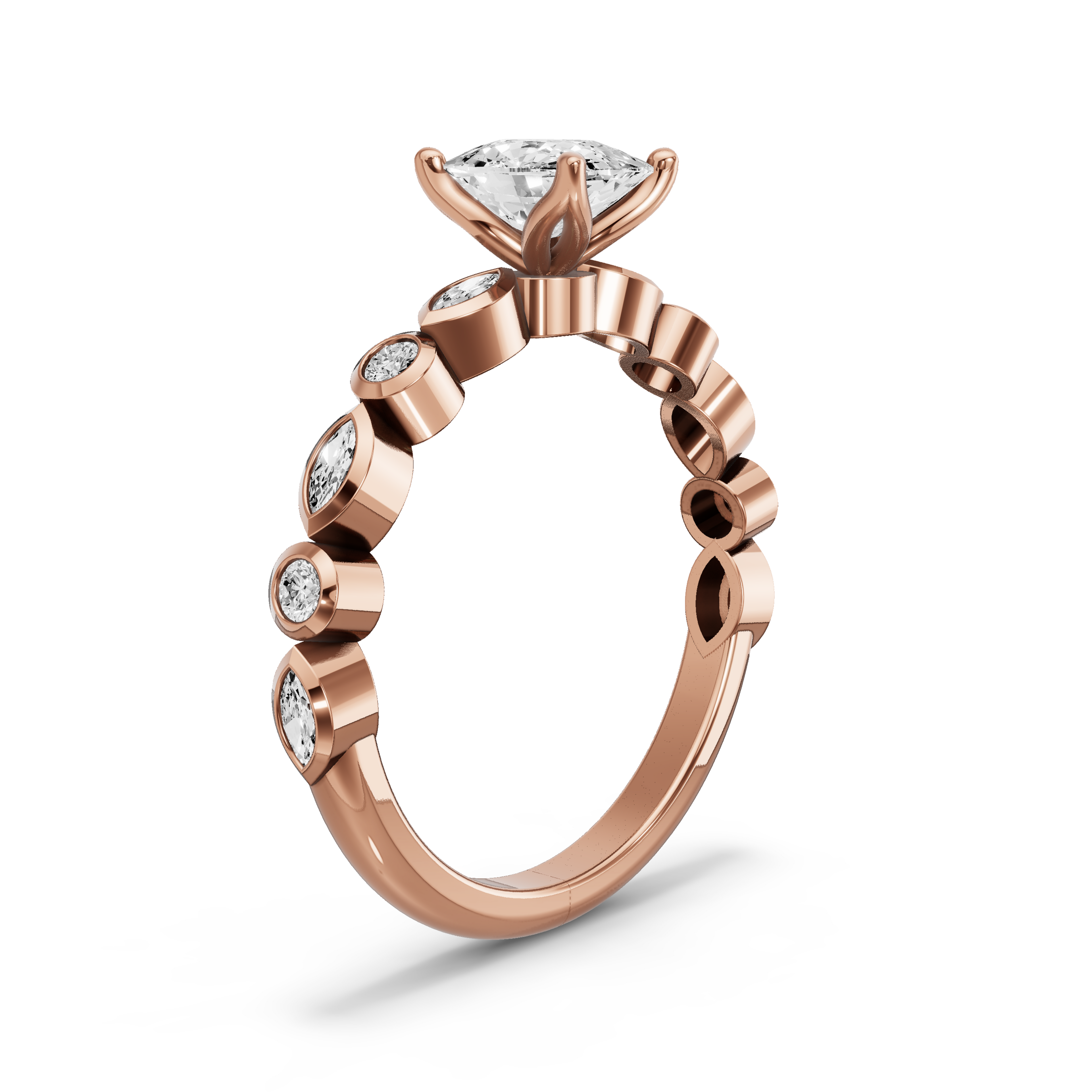 Image for Cushion Tulip Basket Ring with Alternating Marquise band in 14K Rose Gold