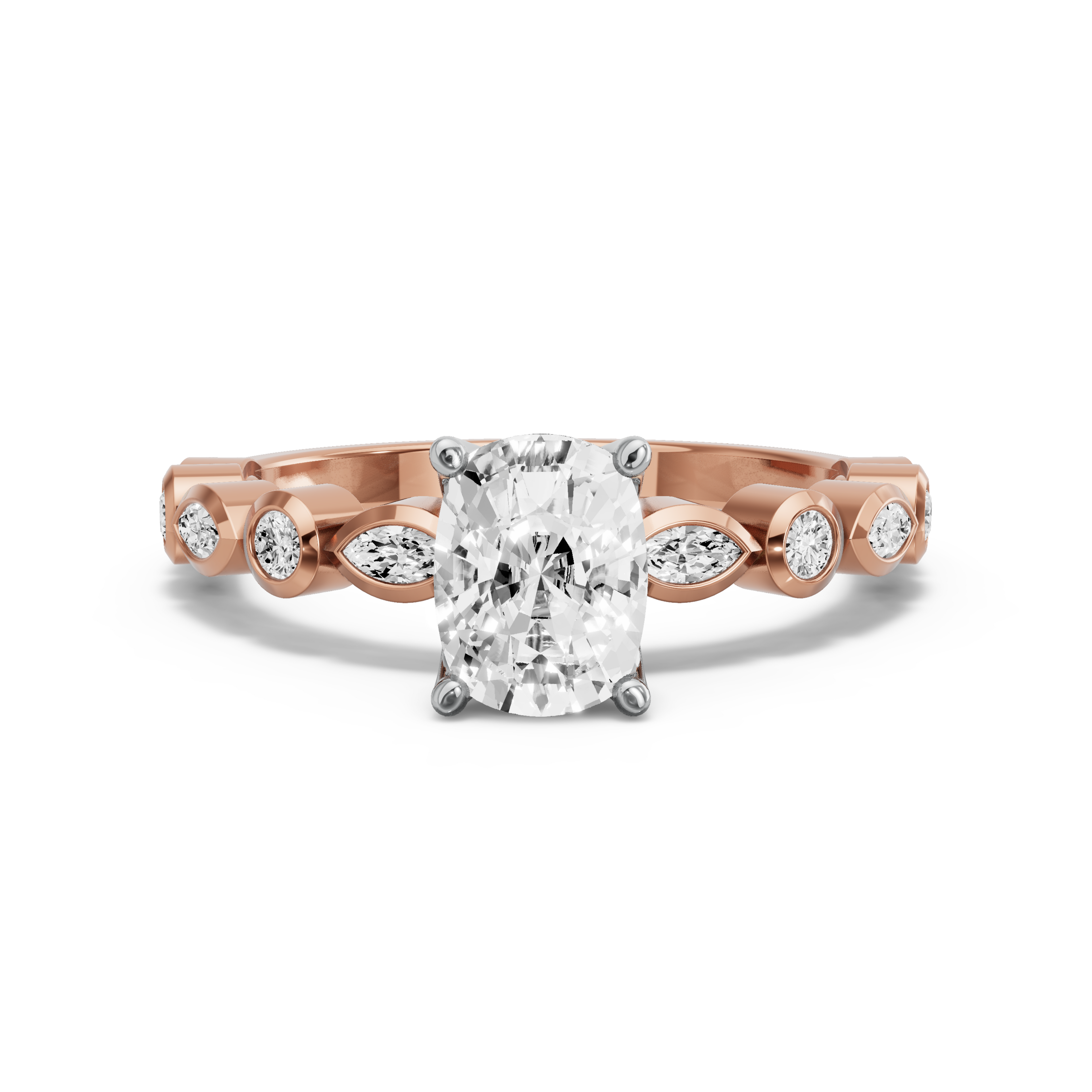 Image for Cushion Tulip Basket Ring with Alternating Marquise band in 14K Two Tone Rose Gold