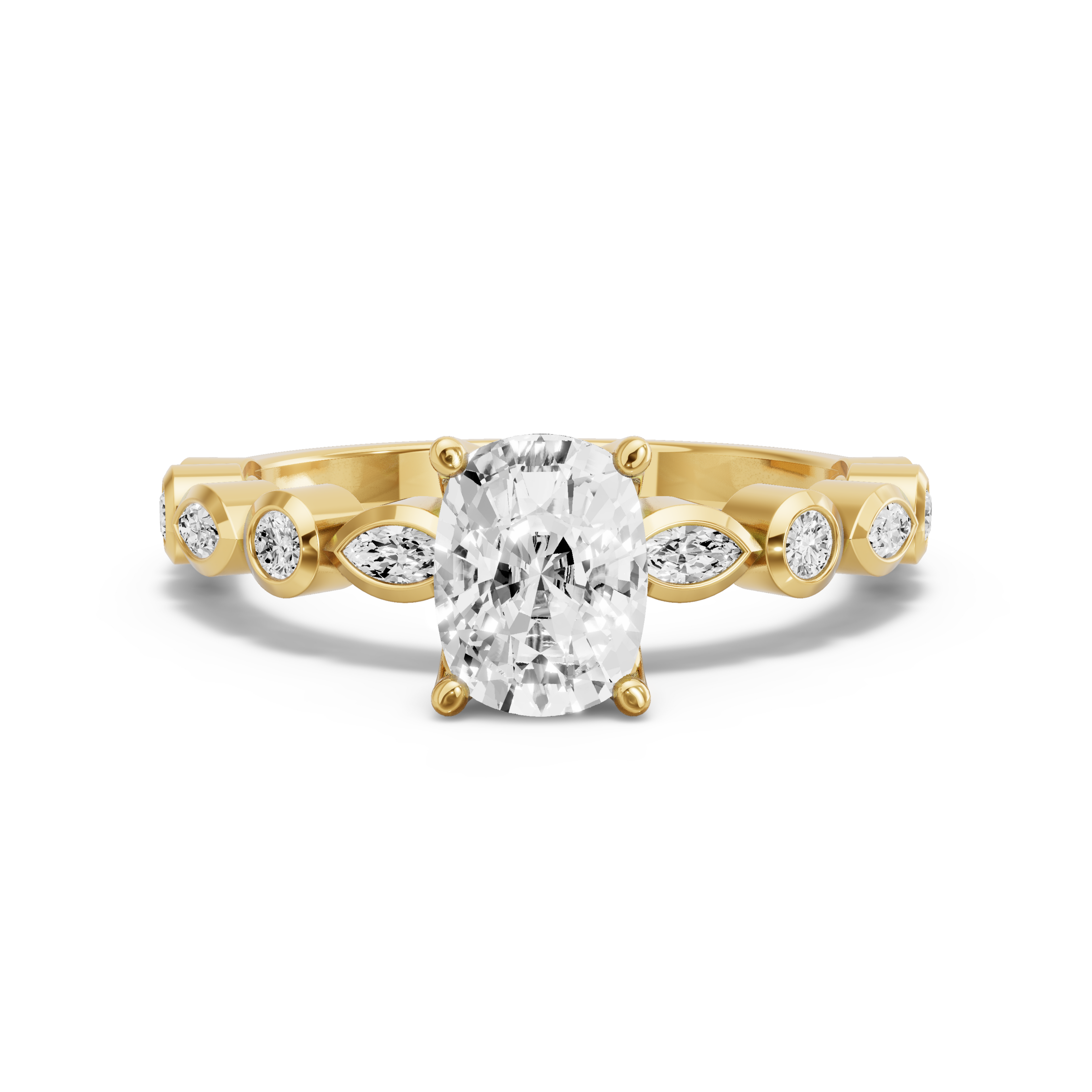Image for Cushion Tulip Basket Ring with Alternating Marquise band in 10K Yellow Gold