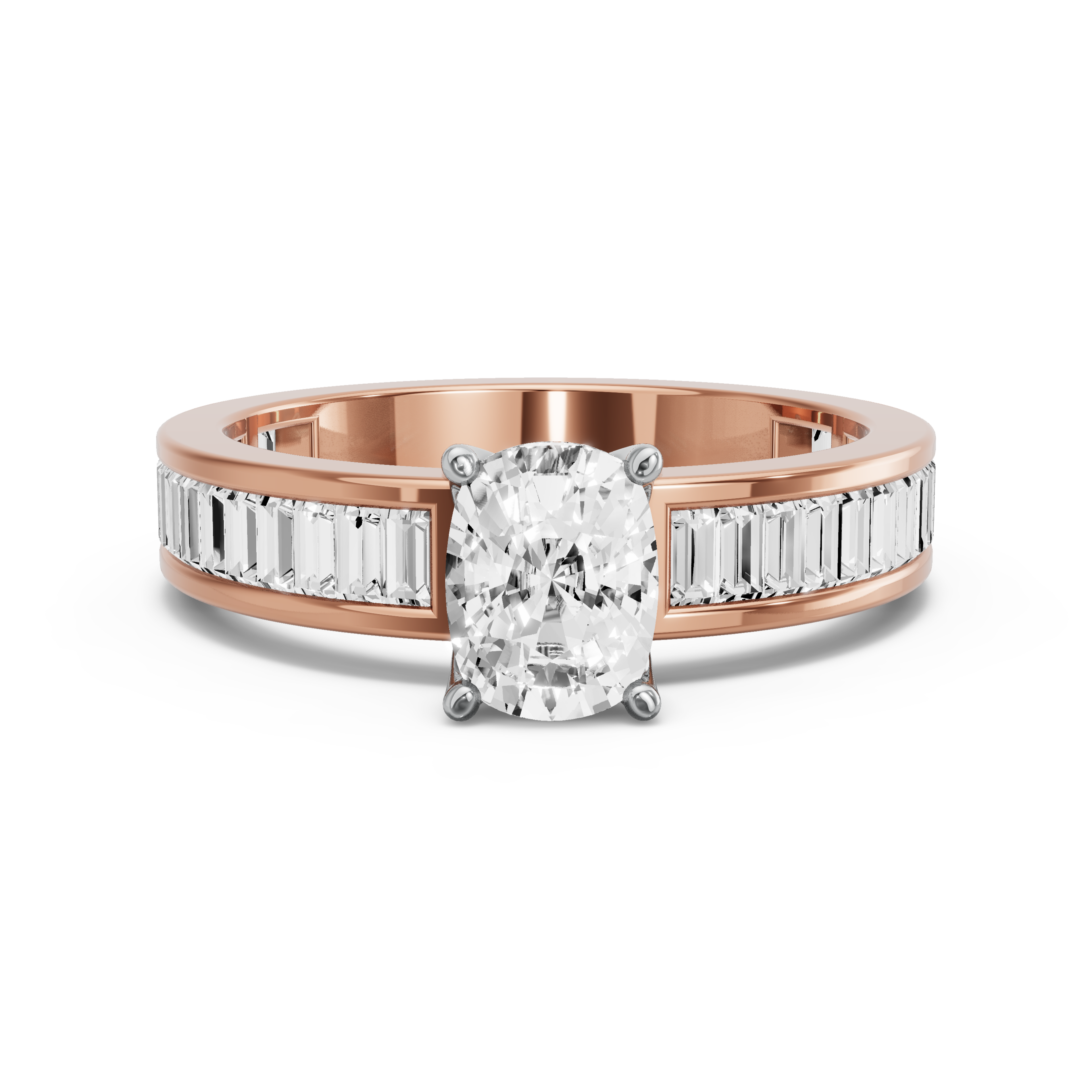 Image for Cushion Tulip Basket Ring with Baguette Channel band in 14K Two Tone Rose Gold