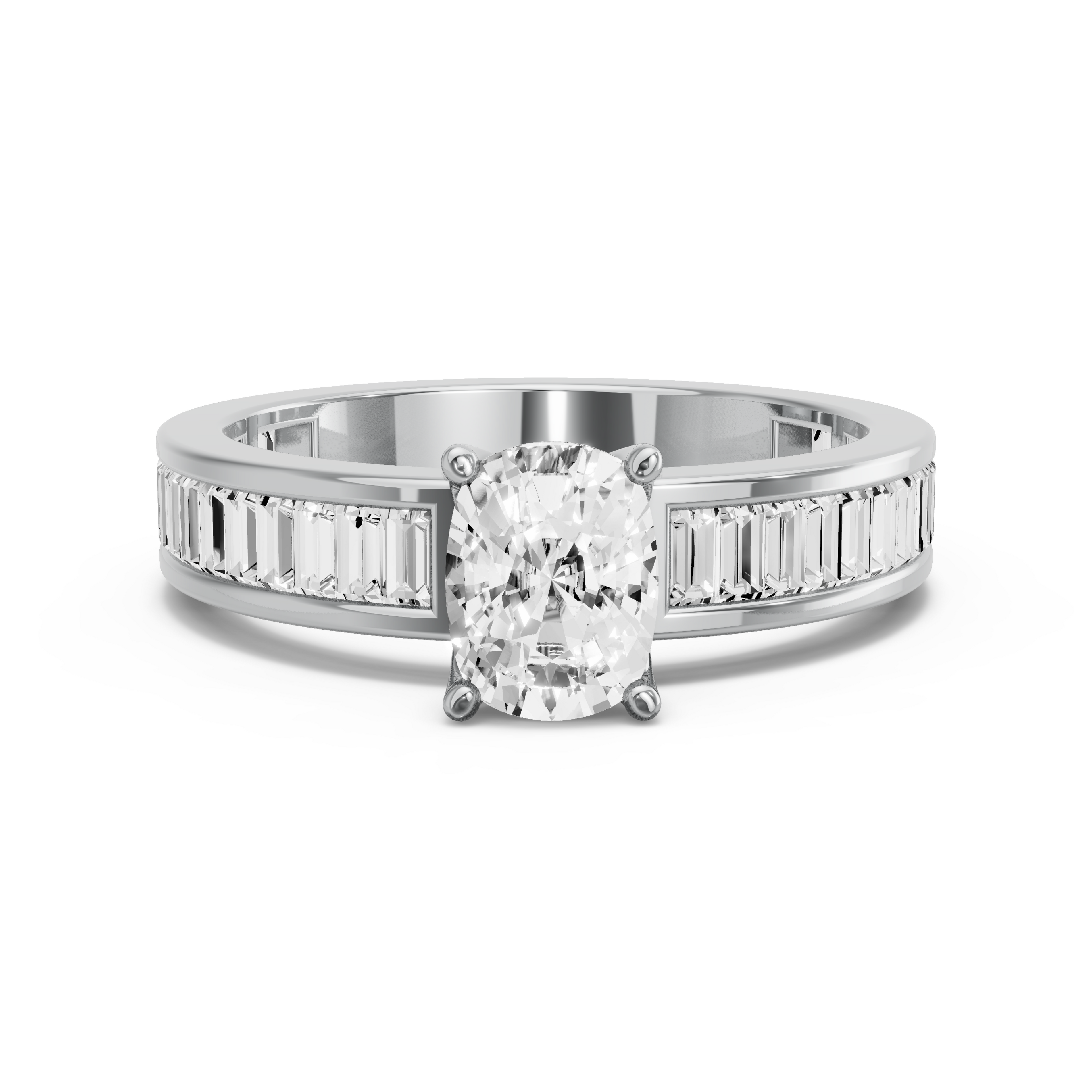 Image for Cushion Tulip Basket Ring with Baguette Channel band in 18K White Gold
