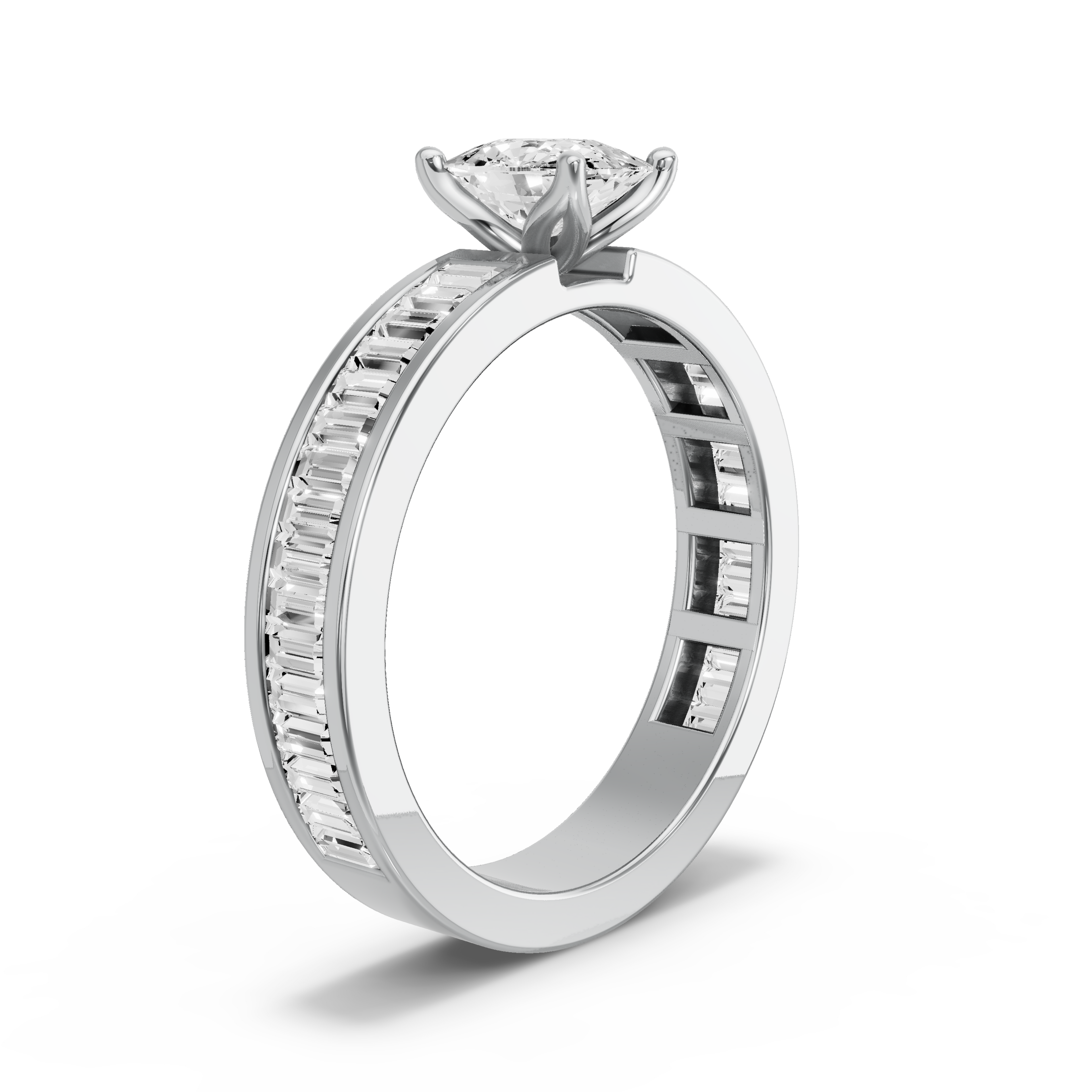 Image for Cushion Tulip Basket Ring with Baguette Channel band in 18K White Gold