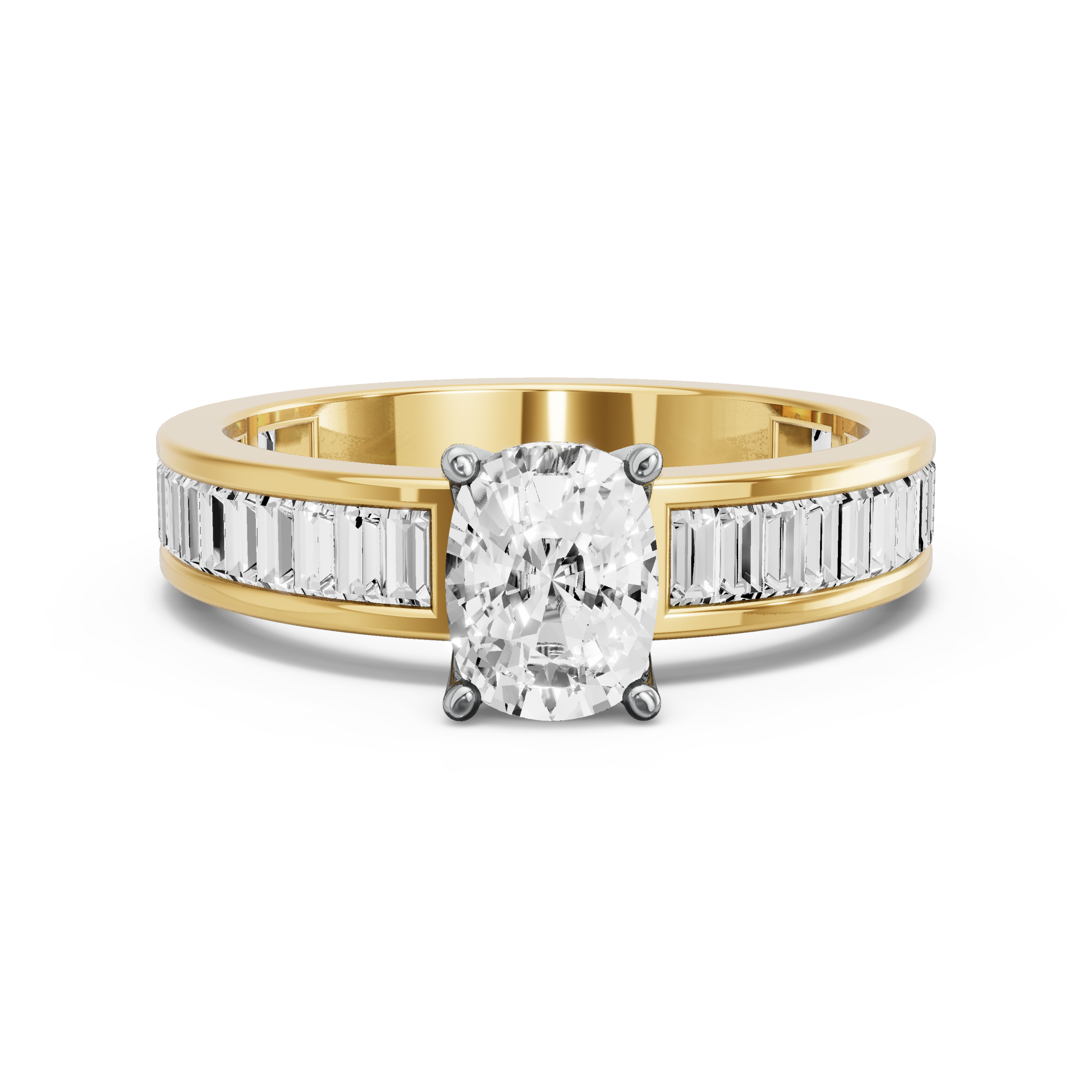Image for Cushion Tulip Basket Ring with Baguette Channel band in 10K Two Tone Yellow Gold