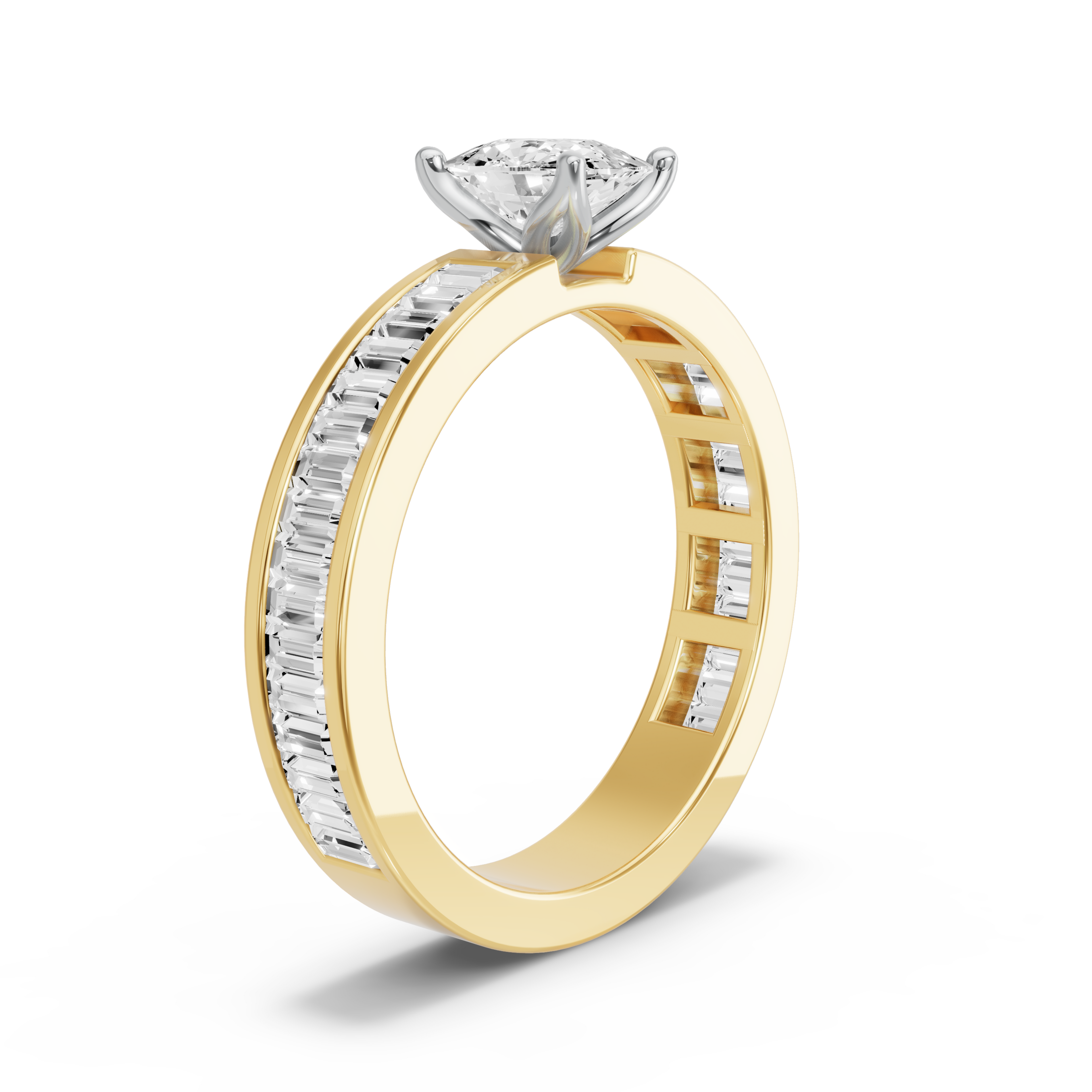 Image for Cushion Tulip Basket Ring with Baguette Channel band in 10K Two Tone Yellow Gold