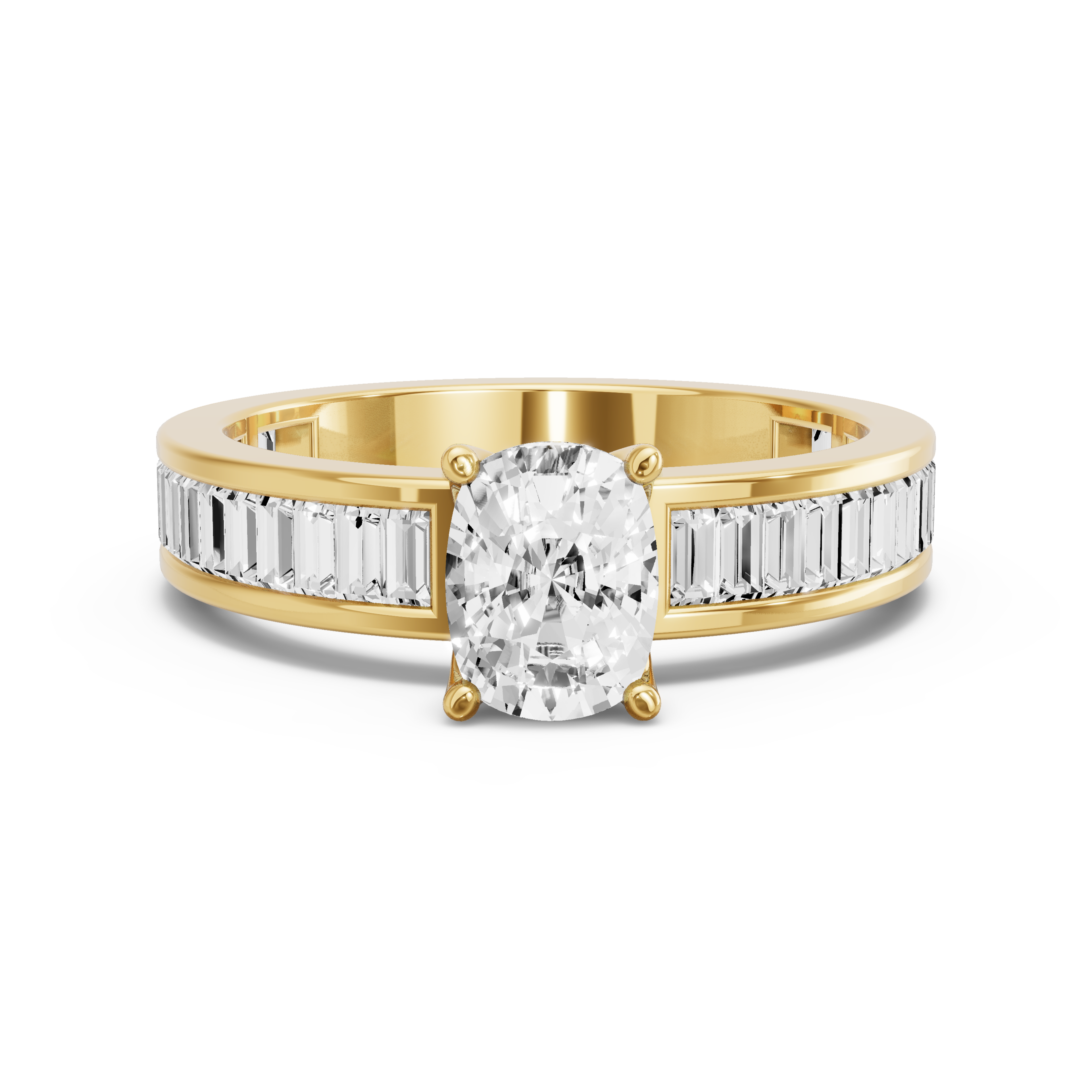 Image for Cushion Tulip Basket Ring with Baguette Channel band in 10K Yellow Gold