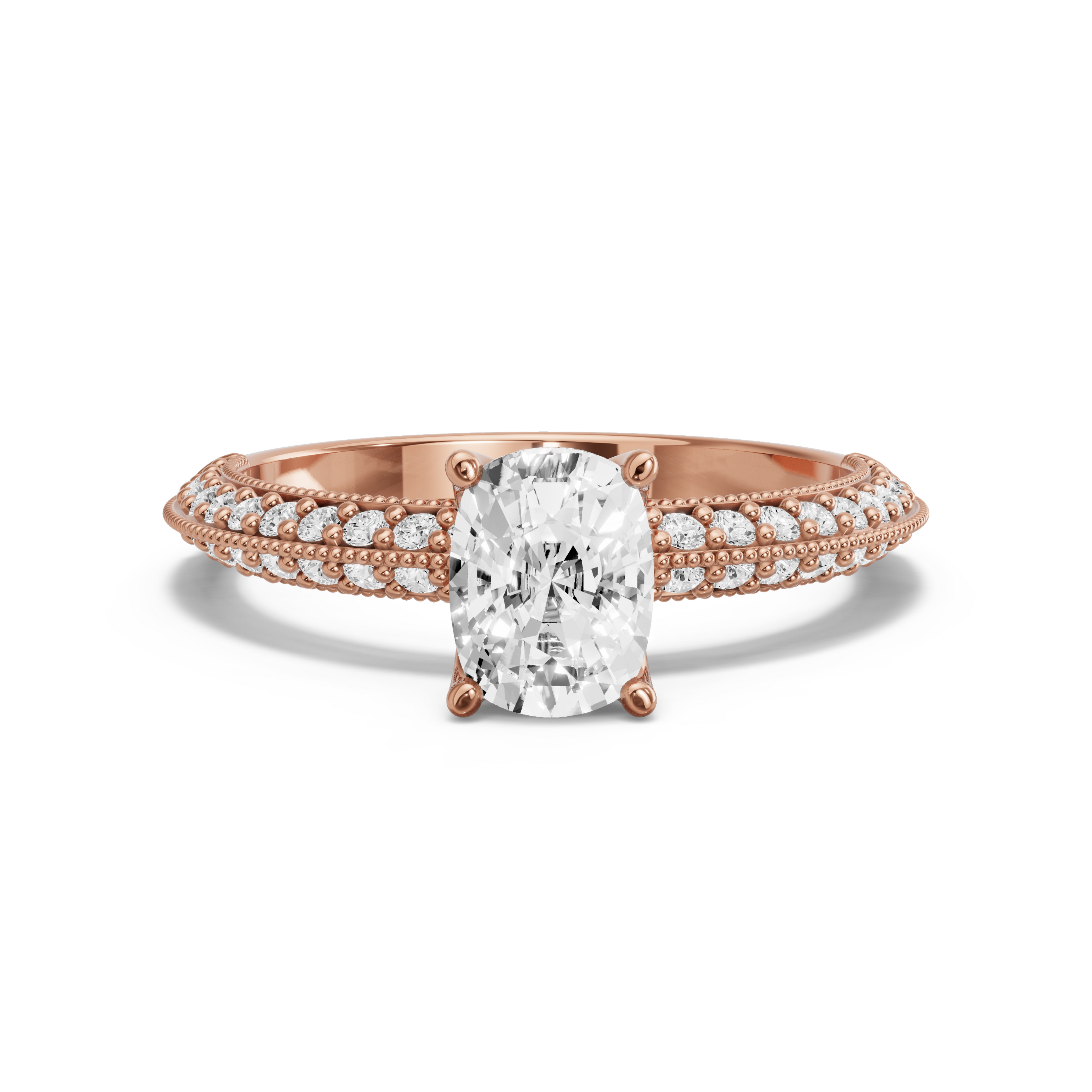 Image for Cushion Tulip Basket Ring with Knife Edge Pave band in 18K Rose Gold
