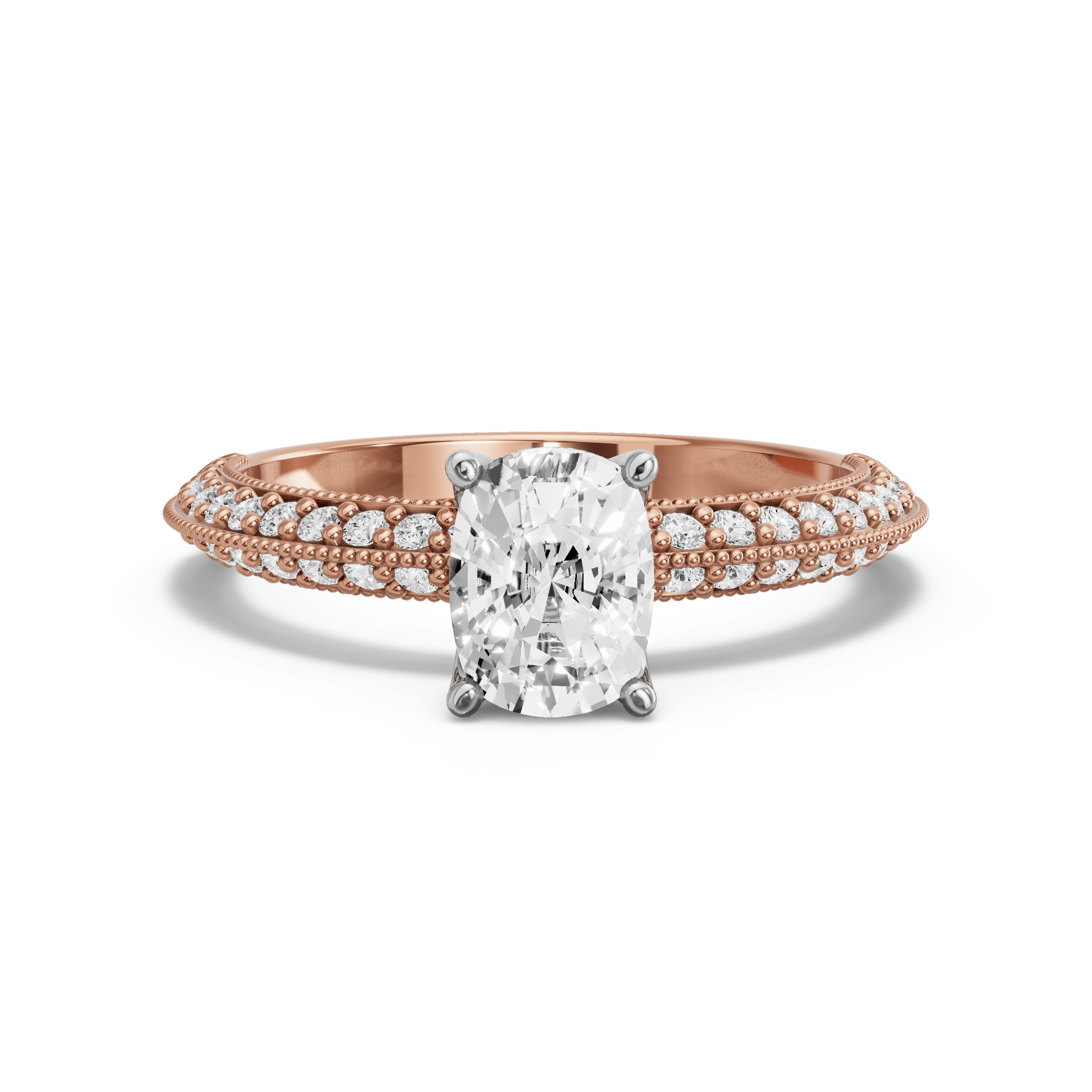 Image for Cushion Tulip Basket Ring with Knife Edge Pave band in 18K Two Tone Rose Gold