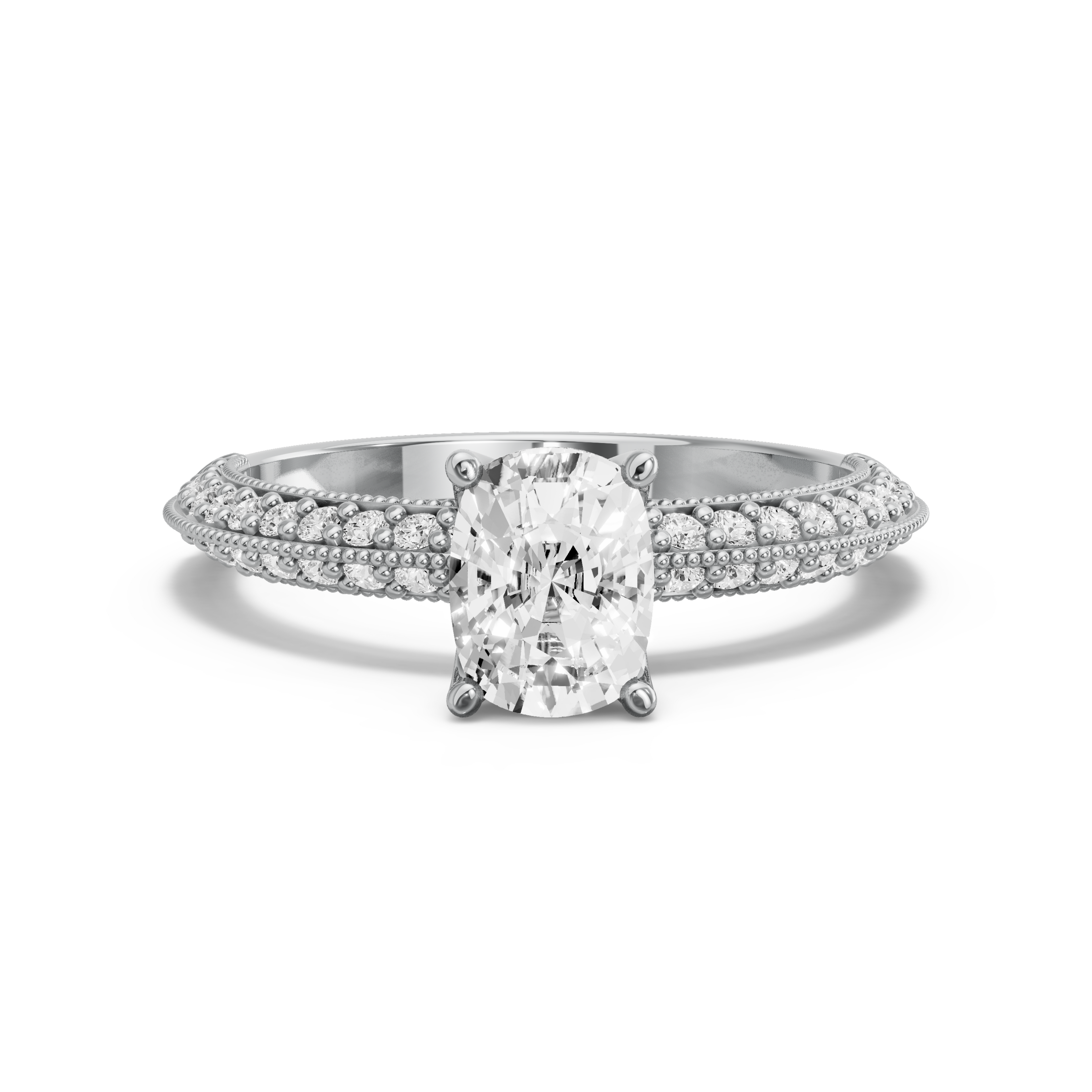 Image for Cushion Tulip Basket Ring with Knife Edge Pave band in 14K White Gold