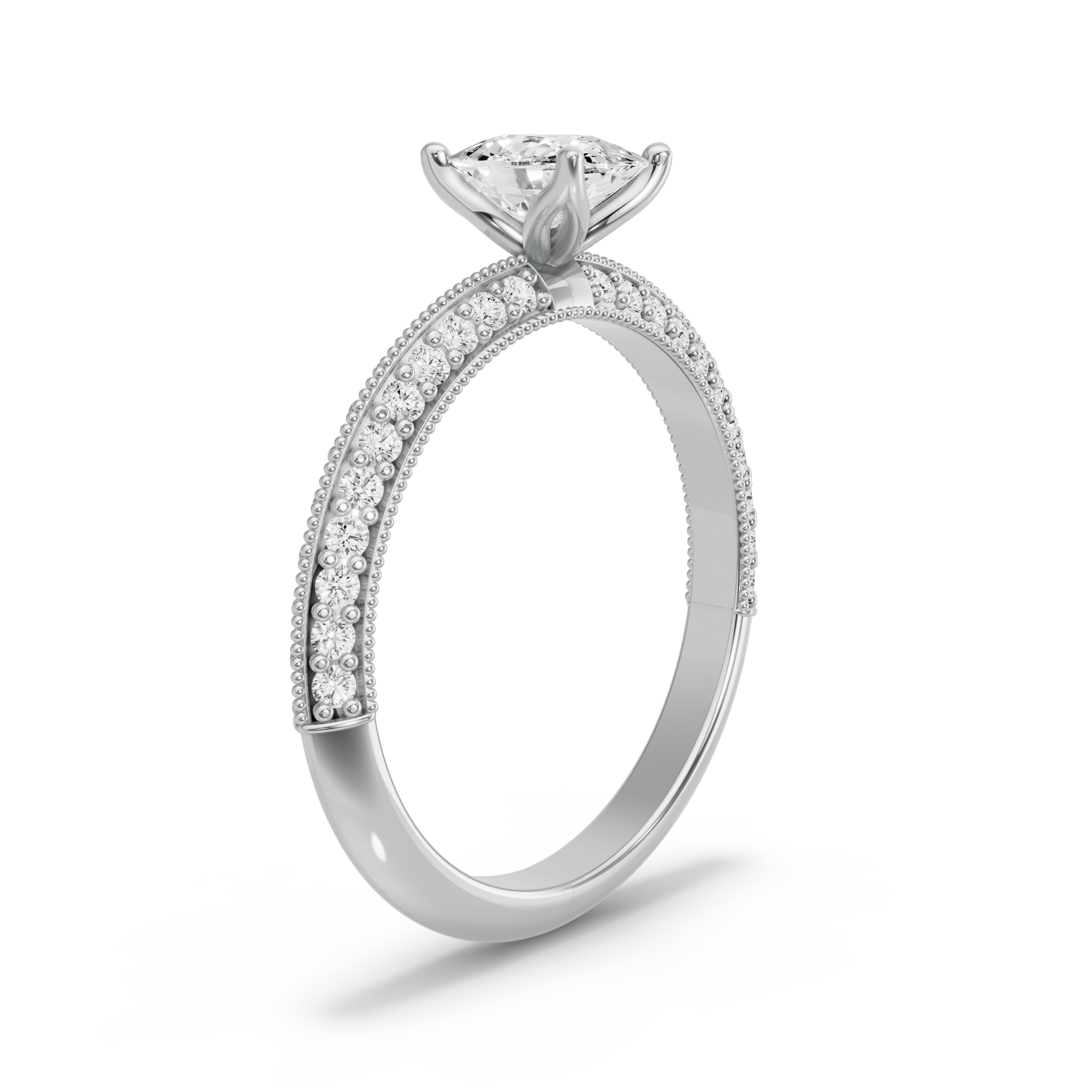 Image for Cushion Tulip Basket Ring with Knife Edge Pave band in 18K White Gold